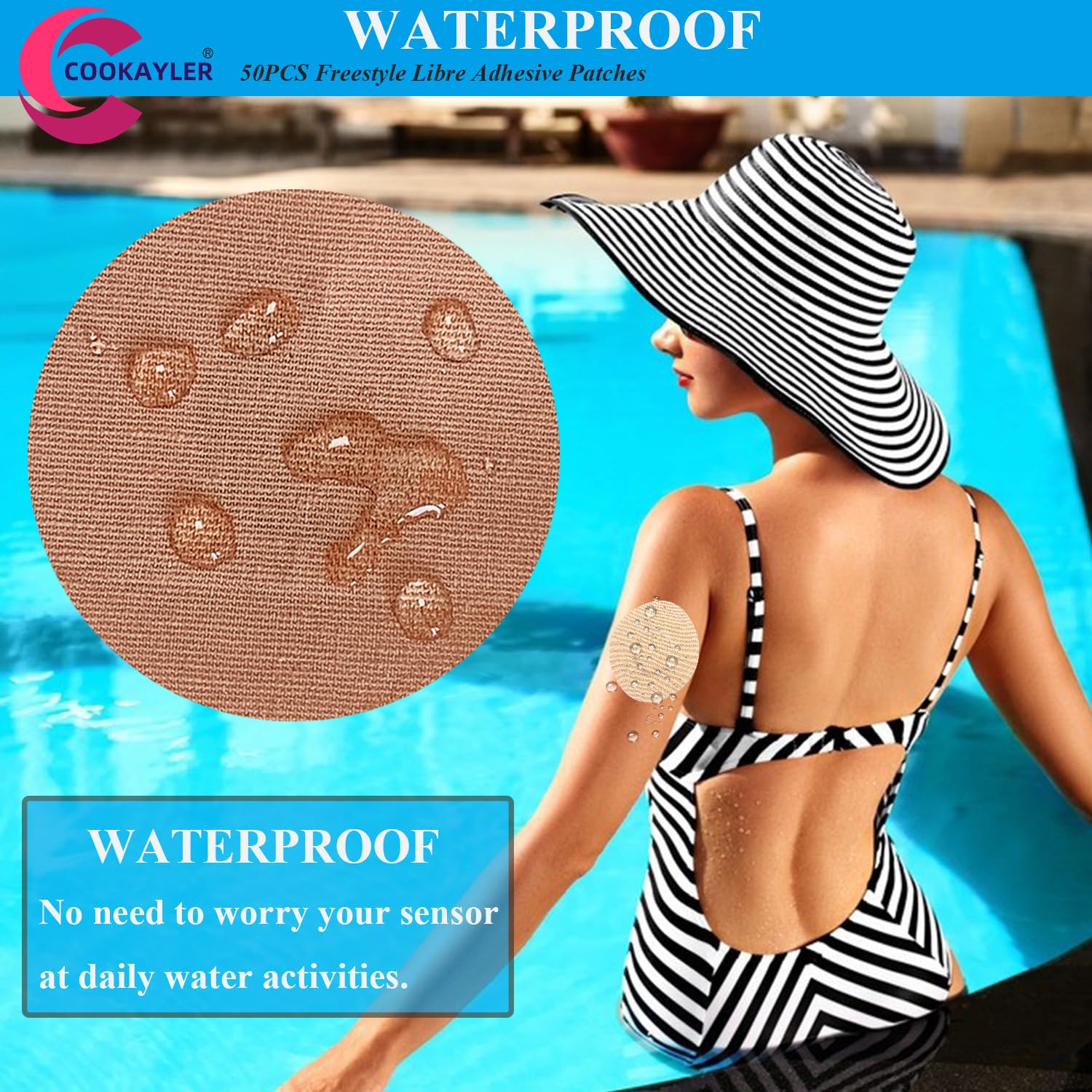 50 Pack Waterproof Sensor Covers for Freestyle Libre 2/3 - CGM Adhesive Patches with No Center Glue, Pre-Cut Tape for Continuous Glucose Monitor Protection (Tan) | Ideal for Swimming, Sports & Daily Wear