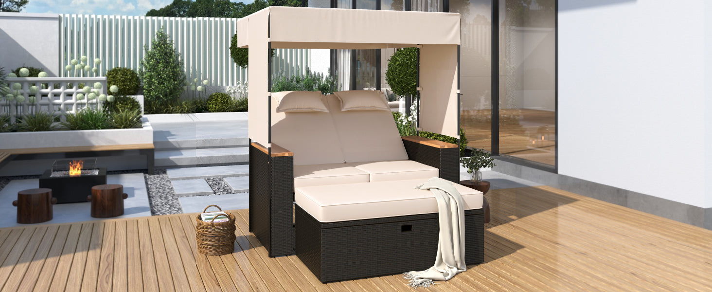 2-Piece Outdoor Rattan Daybed with 5 Adjustable Positions - Patio Loveseat Sofa Set for Poolside, Garden, or Backyard Relaxation