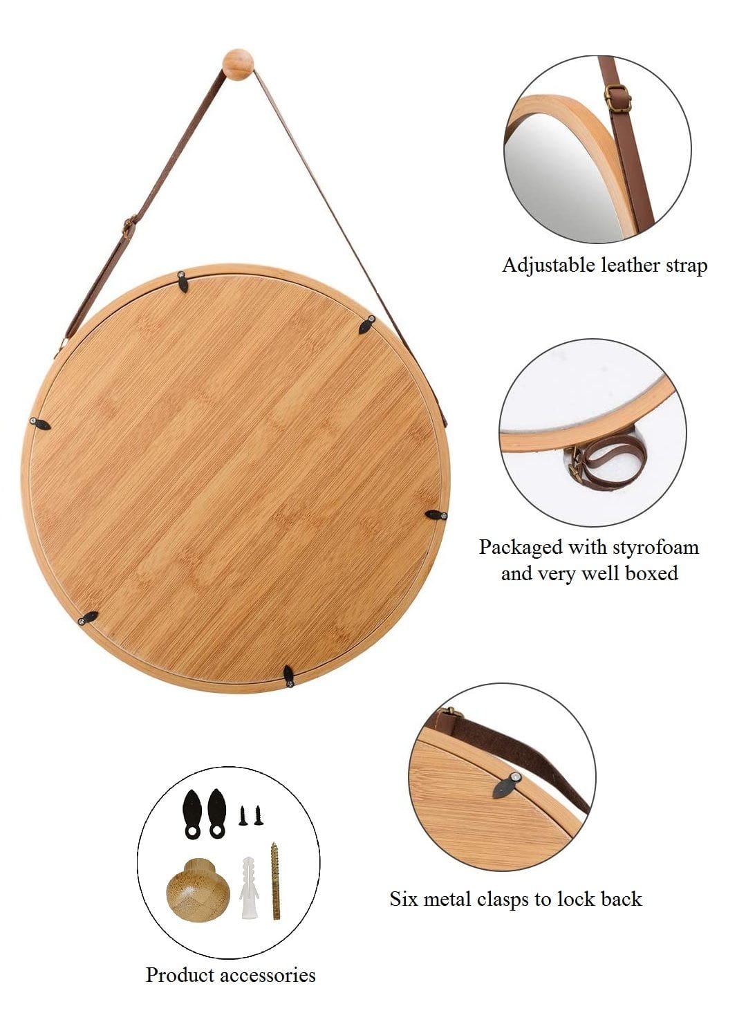45cm Round Hanging Wall Mirror with Solid Bamboo Frame & Adjustable Leather Strap - Perfect for Bathroom, Bedroom, and Entryway Decor