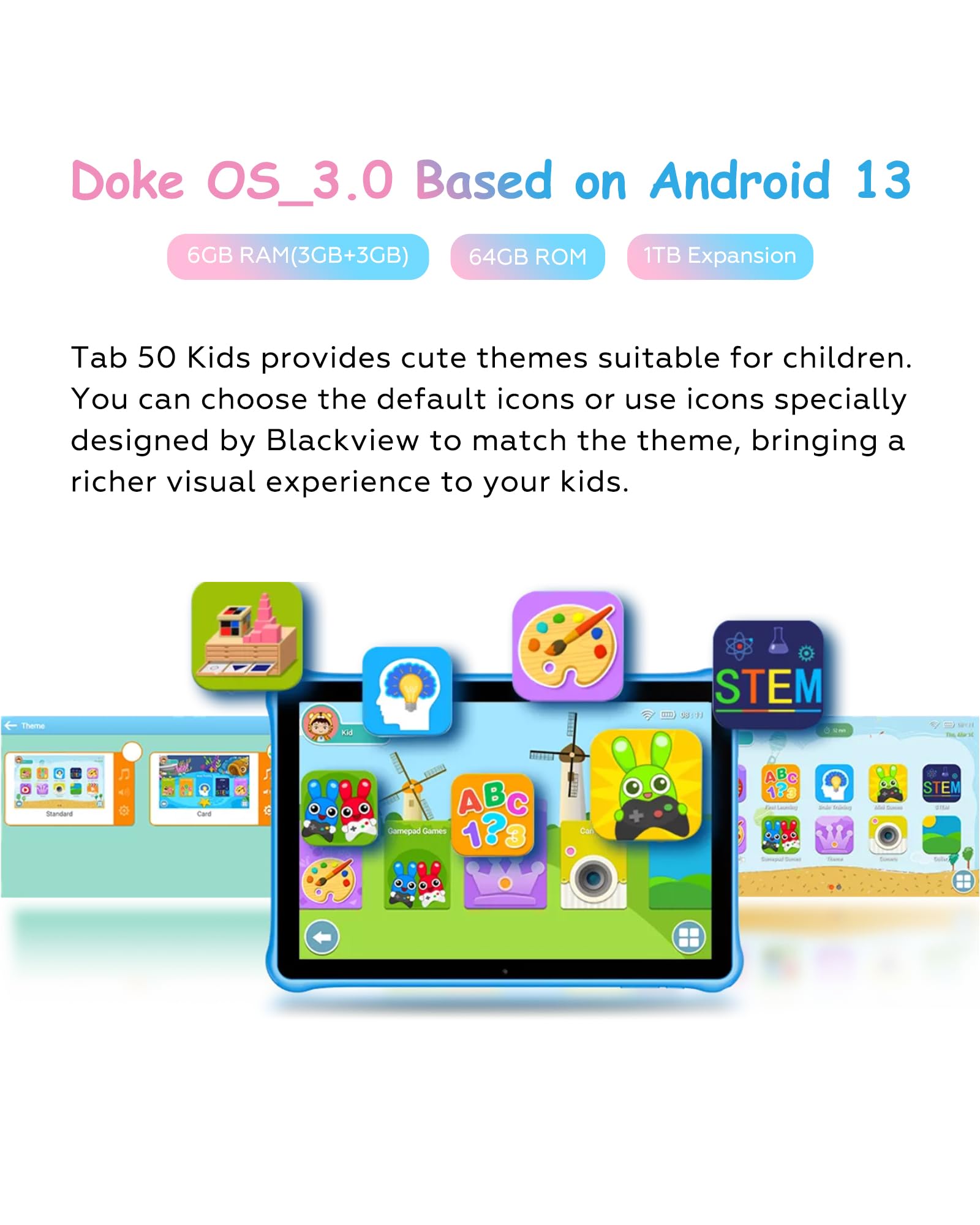 Blackview 8 Inch Kids Tablet with Eye Protection Mode - Android Tablet for Kids Ages 3-12, Parental Control, 64GB+6GB RAM (Expandable to 1024GB), Quad-Core Processor - Perfect for Learning, Games & Safe Entertainment at Home or Travel