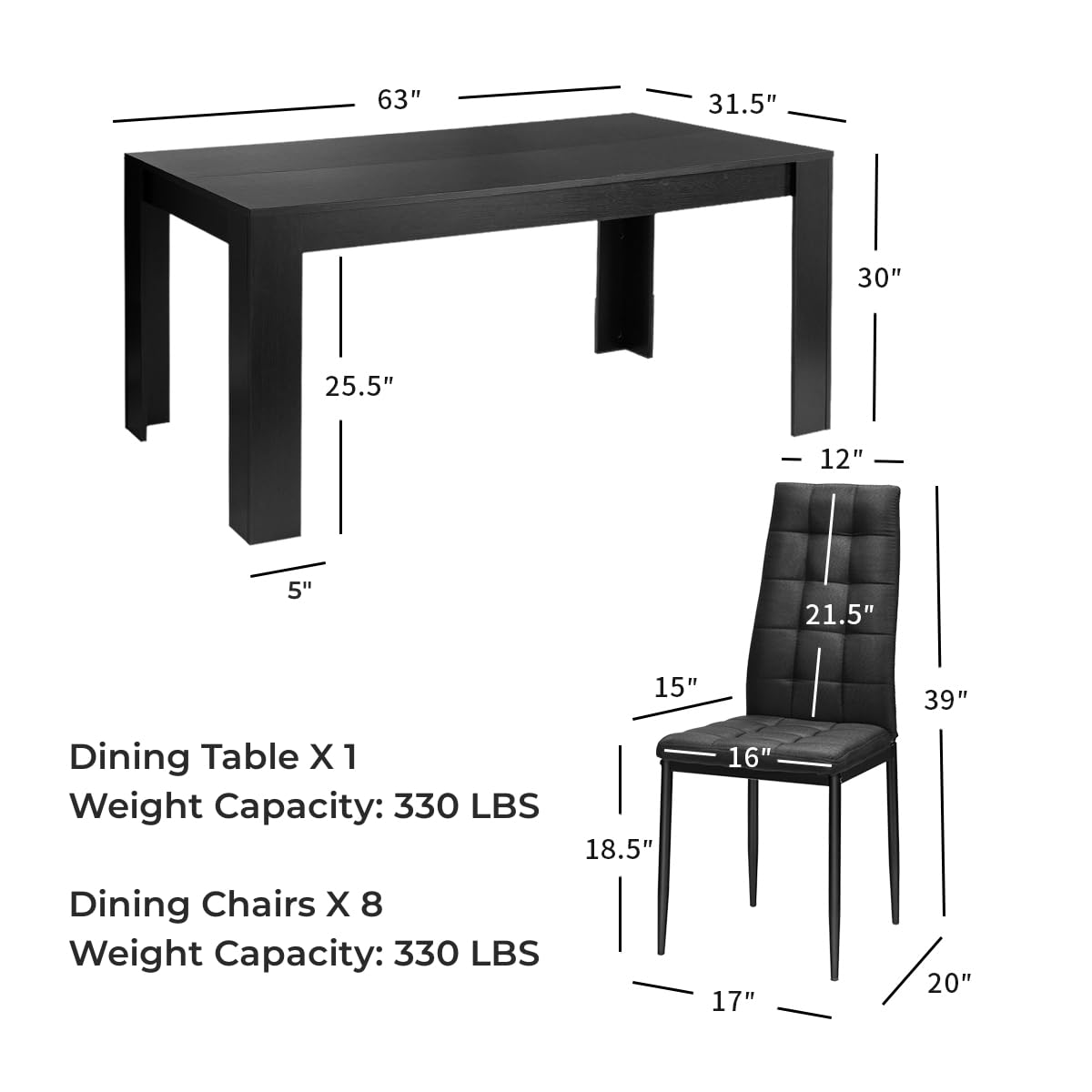 Giantex 9-Piece Modern Dining Table Set with Wood Rectangular Table & 8 Upholstered Chairs - Black Kitchen & Dining Room Furniture for Family Gatherings, Dinner Parties & Daily Meals