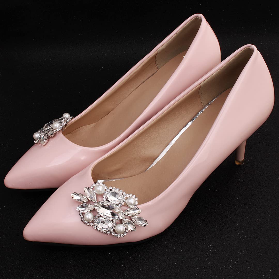 2 Pcs Clear Rhinestone Pearls Shoe Clips - Detachable Metal Buckle Decor for Wedding High Heels, Pumps & Flats | Elegant Shoe Accessories for Bridal, Prom & Special Occasions