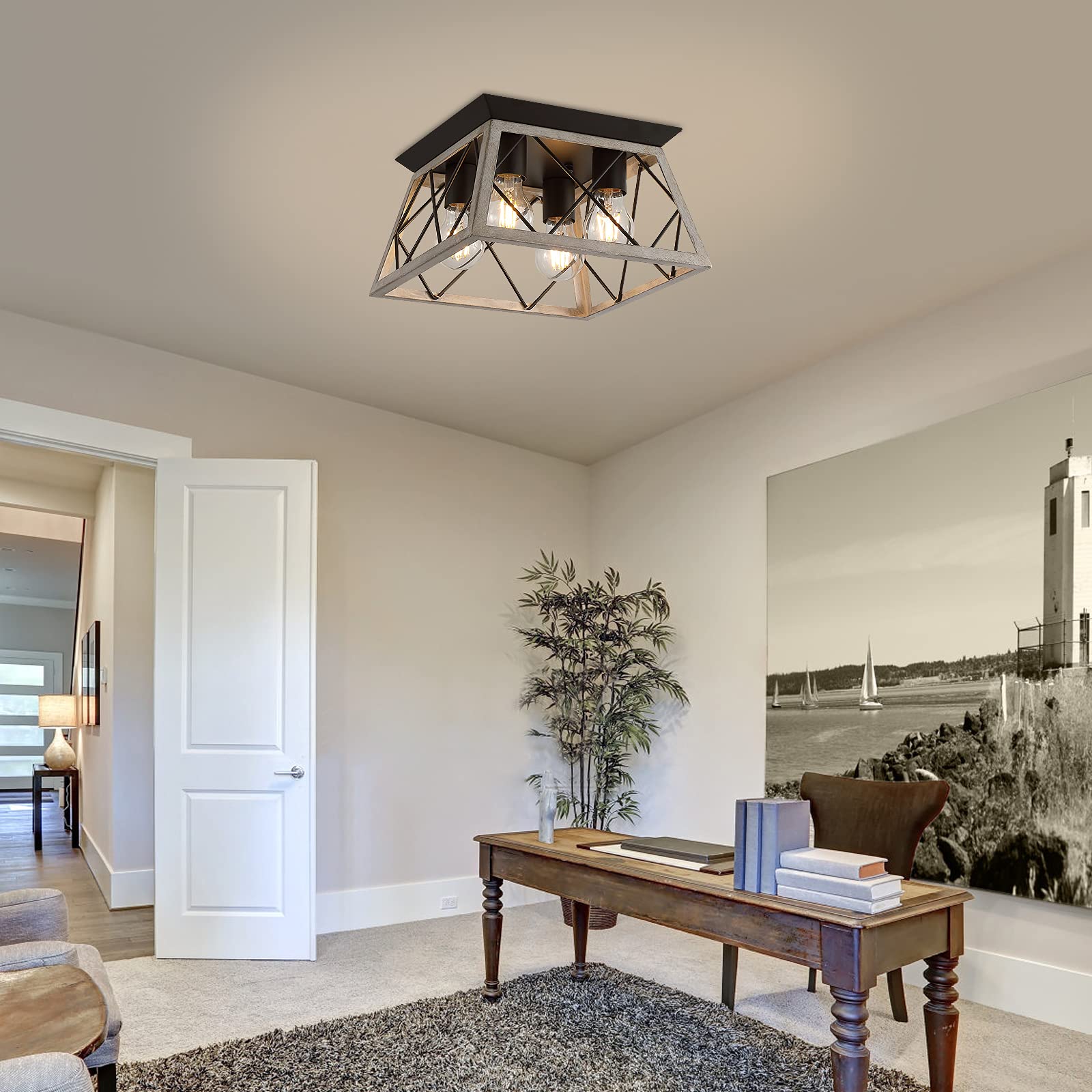 Q&S 5-Lights Rectangular Chandelier & 4-Lights Flush Mount - Rustic Farmhouse Dining Room Lighting Fixture for Kitchen Island, Hallway, Entryway & Foyer | Perfect for Modern Farmhouse Decor & Open Concept Spaces