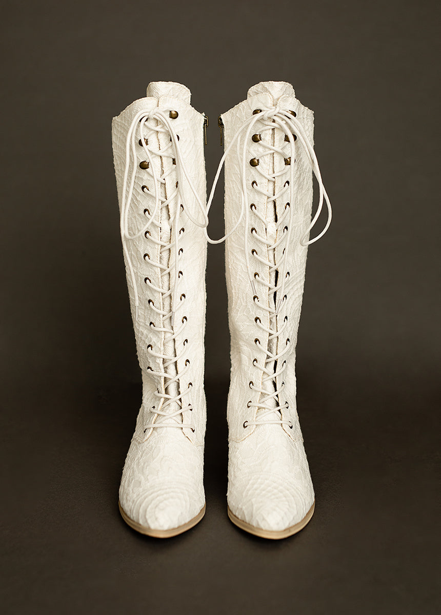 Delilah Women's Knee High Lace Up Tall Boots in Ivory - Elegant Fashion Boots for Fall, Winter & Date Nights