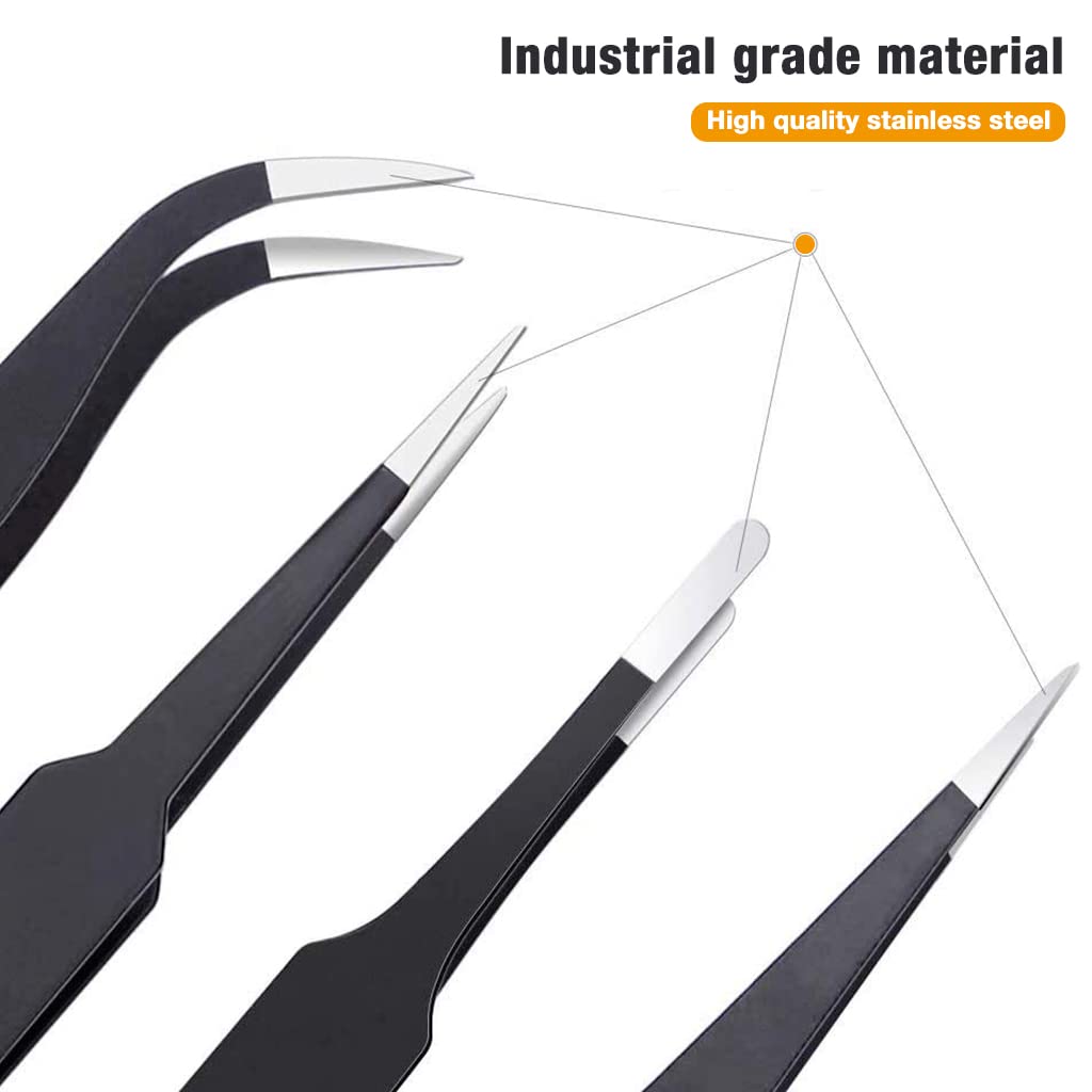 HASTHIP® 6-Piece Anti-Static ESD Tweezers Set for Electronics Repair, Jewelry Making & DIY Crafts - Precision Stainless Steel Tweezers for Watch Repair, PCB Work, Cloisonne Art & Small Parts Handling
