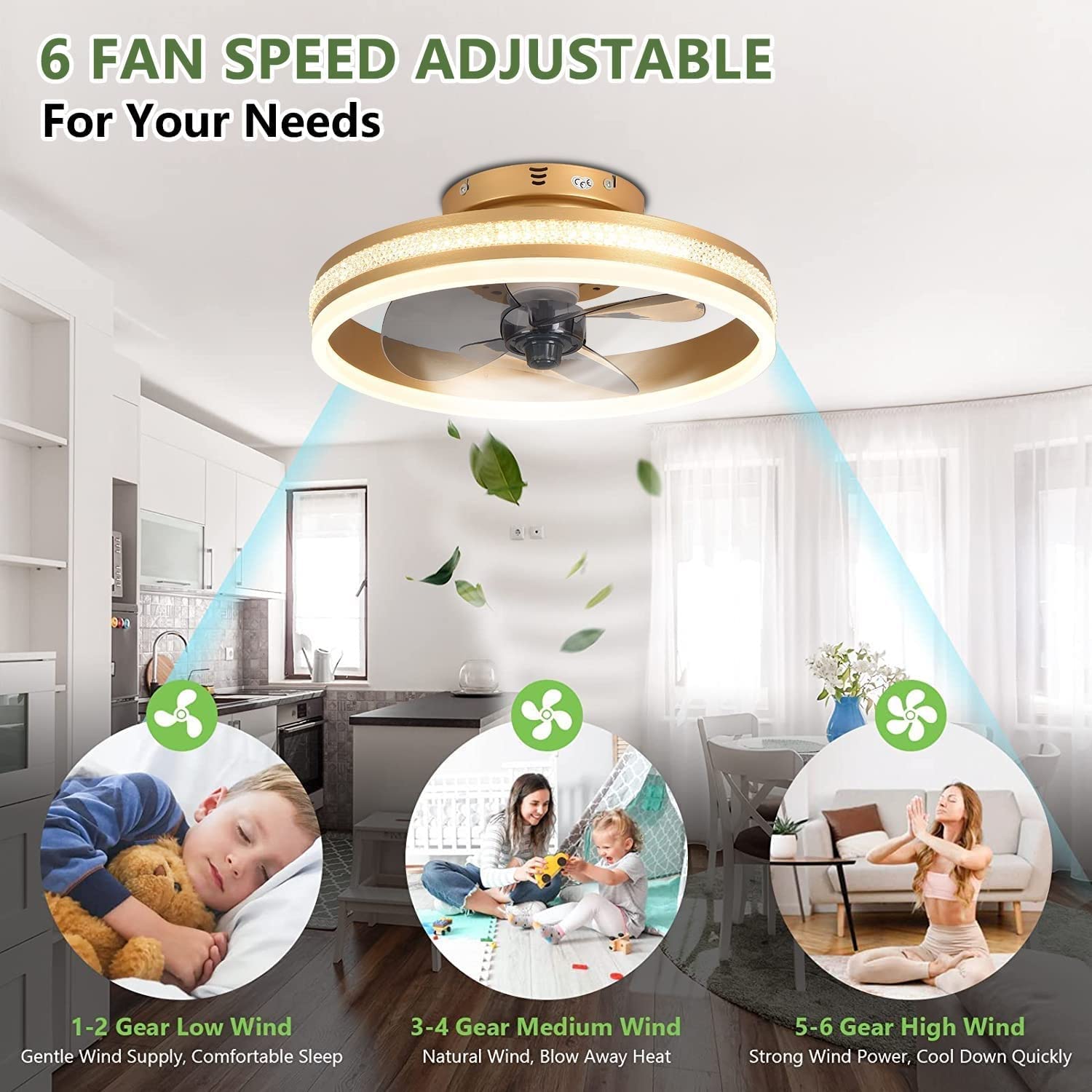 Modern LED Dimmable Ceiling Fan with Light - Remote Control & Timer Function - Gold/Black Finish - Perfect for Living Room, Bedroom, Kitchen & Dining Room - Energy Efficient Cooling & Ambient Lighting Solution