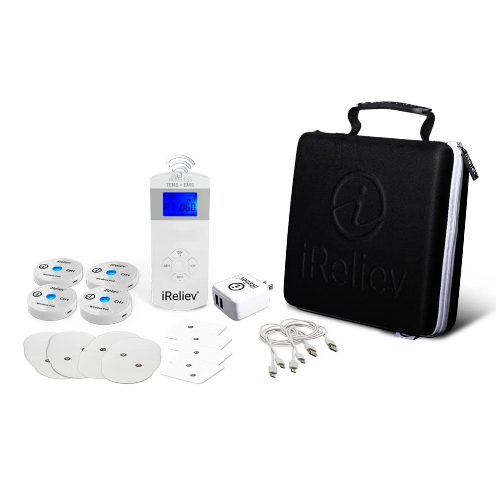iReliev Wireless TENS + EMS Therapy Device - Pain Relief & Muscle Stimulator for Arthritis, Back Pain, Sore Muscles - Portable Wearable System with 4 Receiver Pods & Case - Perfect for Home Use, Workouts, and Post-Surgery Recovery