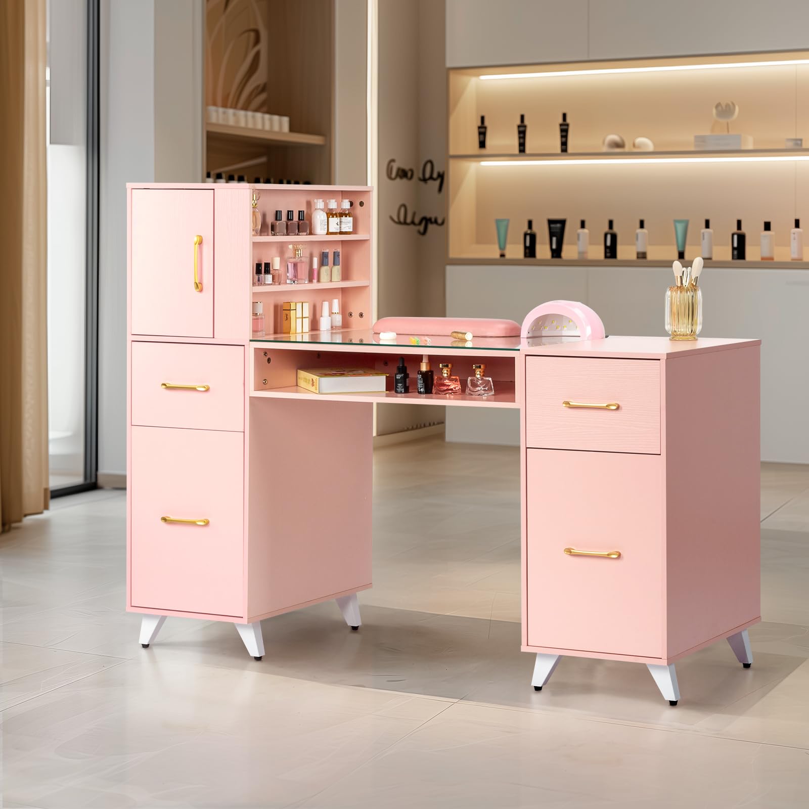 Professional Manicure Nail Table Station with 2 Drawers & 3 Cabinets - Adjustable Salon Desk Workstation with Hand Pillow for Nail Art & Beauty Spa - Perfect for Home Salons, Professional Nail Technicians & Spa Businesses