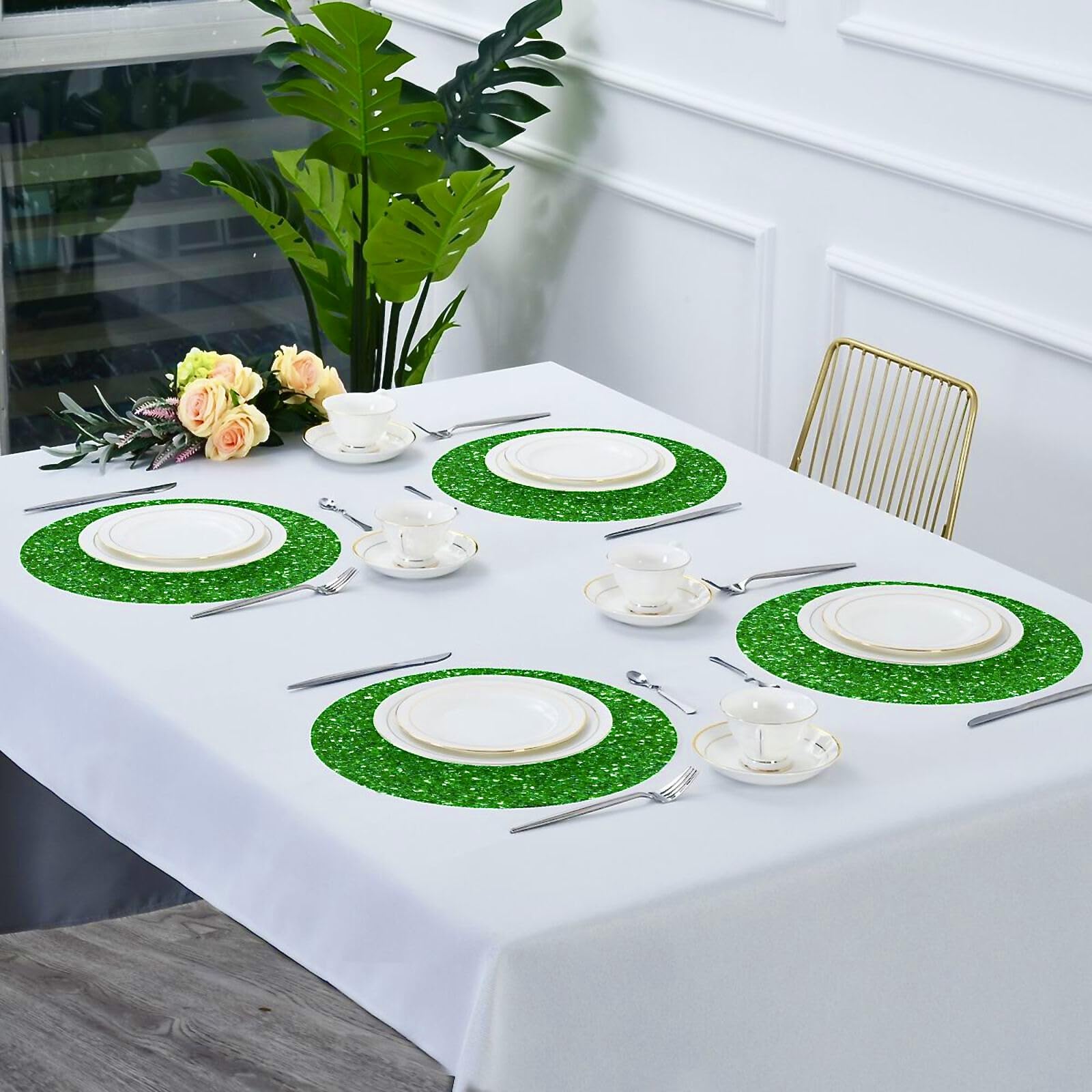 **Glitter Sparkle Round Placemats Set of 4 - 15.4 Inch Green Placemats for Kitchen Table, Kids, Christmas & Wedding Party Decor | Durable & Stylish Dining Mats**    *(Use: Perfect for festive dinners, holiday gatherings, kids' parties, and elegant wedding table settings!)*