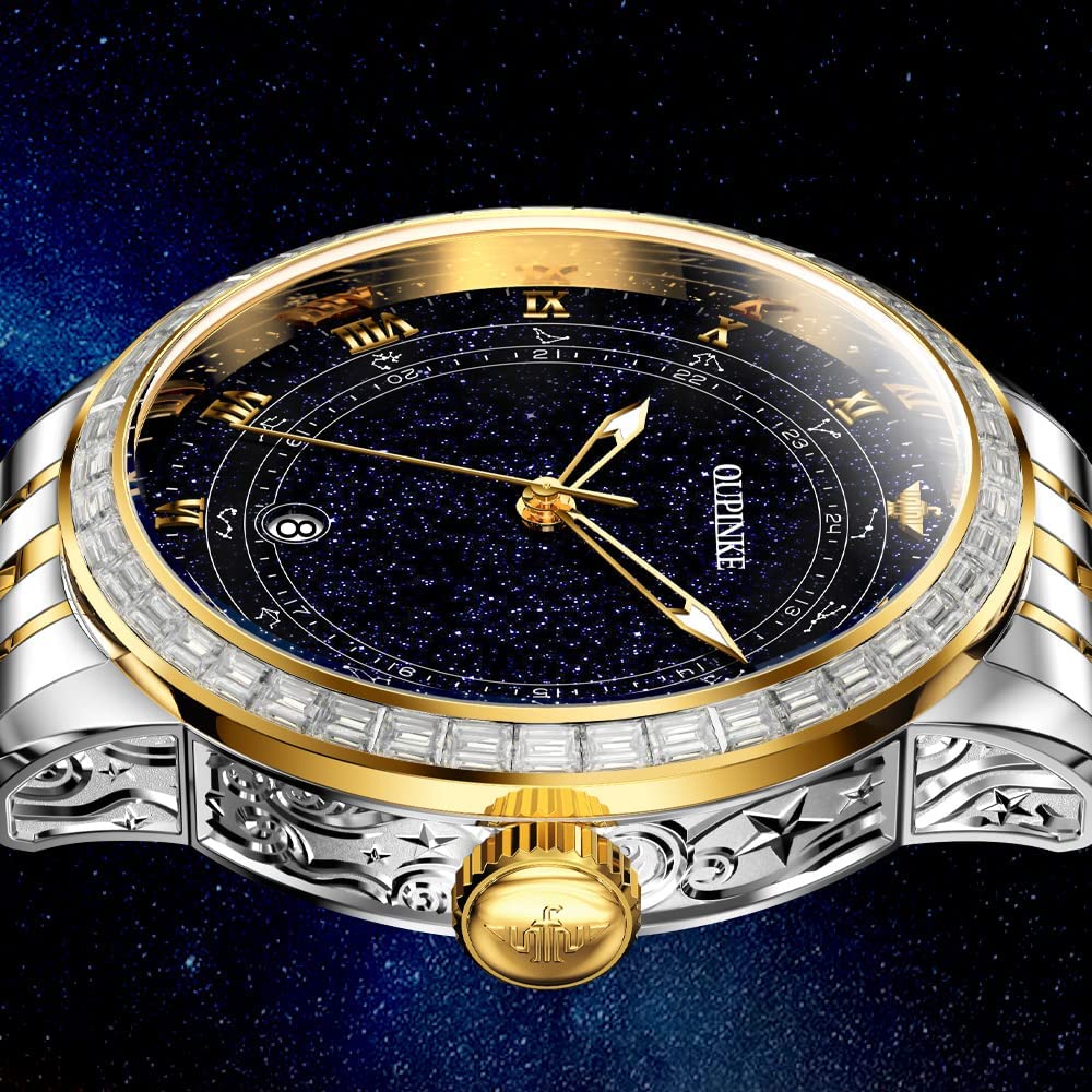 OUPINKE Men's Automatic Luxury Watch - Starry Sky Design, Mechanical Movement, Waterproof, Date Display, Luminous Hands, Sapphire Crystal, Tungsten Steel Band - Perfect for Business, Formal Events & Gift Giving