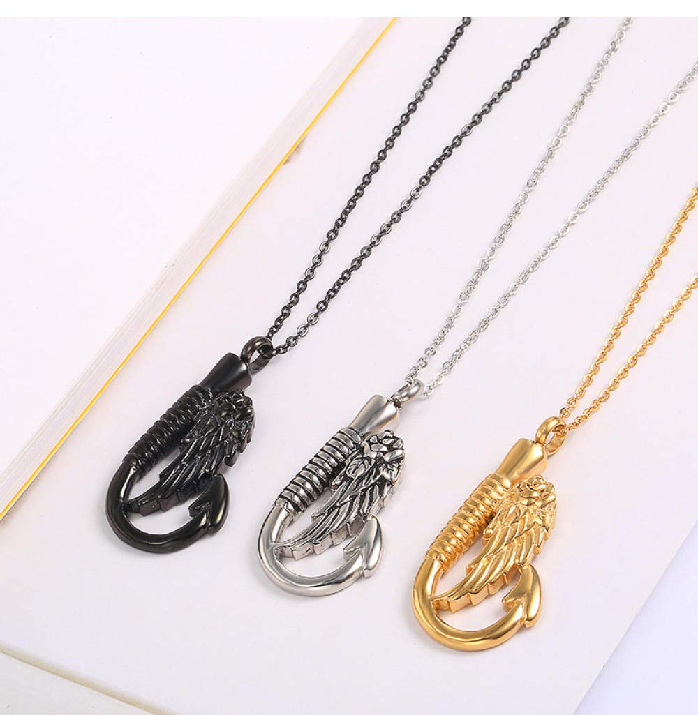 Stainless Steel Cremation Jewelry - Fish Hook Pendant Urn Necklace with Wings & Perfume Bottle Design - Titanium Steel Memorial Jewelry for Ashes Keepsake - Perfect for Remembrance, Funeral & Sympathy Gifts