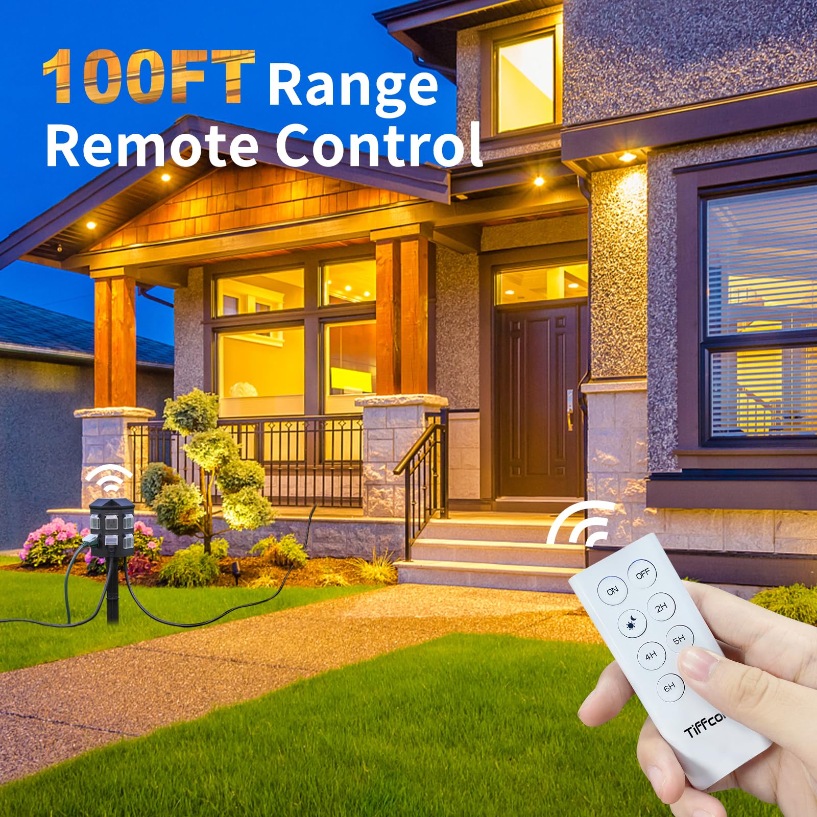 Outdoor Power Stake Timer with 100FT Remote Control - Dusk to Dawn Light Timer, 50FT Waterproof Extension Cord & 6 Grounded Outlets for Holiday Decorations - ETL Certified - Perfect for Christmas Lights, Landscape Lighting & Patio Decor