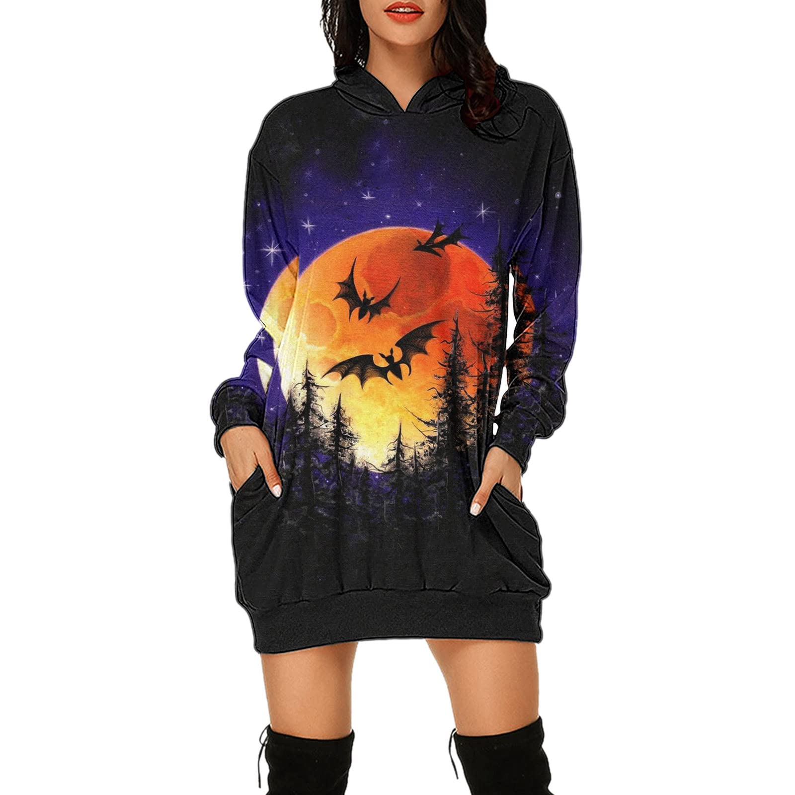 Women's Halloween Printed Long Sleeve Hoodie Sweatshirt with Pocket - Cozy Pullover Dress & Maxi Floral Dress for Fall Fashion, Costume Parties and Casual Outings