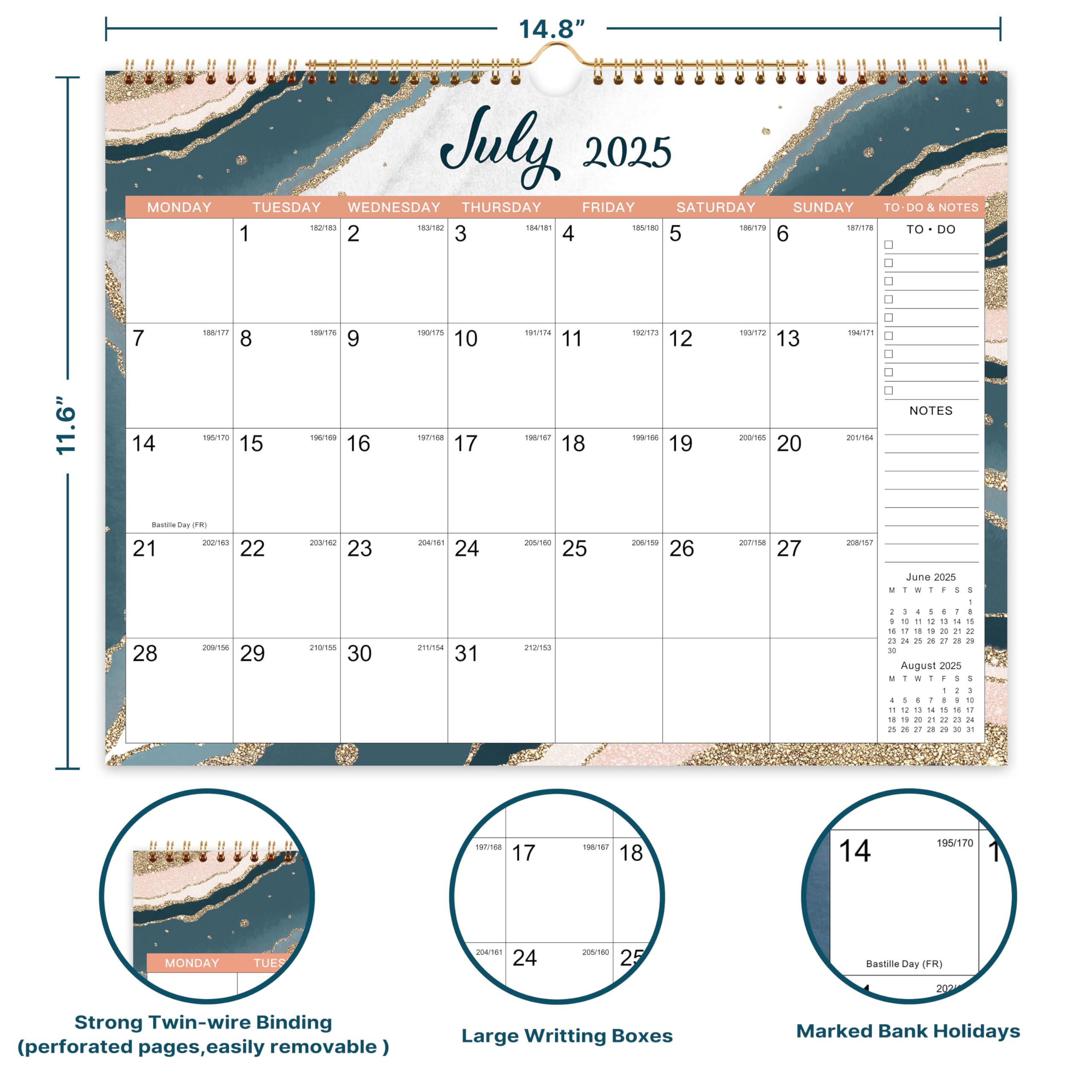2025-2026 Wall Calendar - 18 Month Planner from March 2025 to August 2026 | 6 Stylish Designs | Twin-Wire Binding with Hanging Hook | 14.8