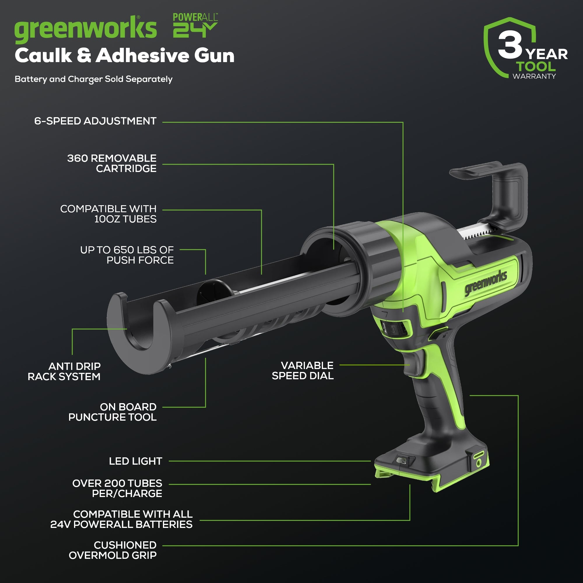 24V Cordless Battery Caulk Gun - Tool Only - Professional Sealant Applicator for Home Improvement & Construction Projects
