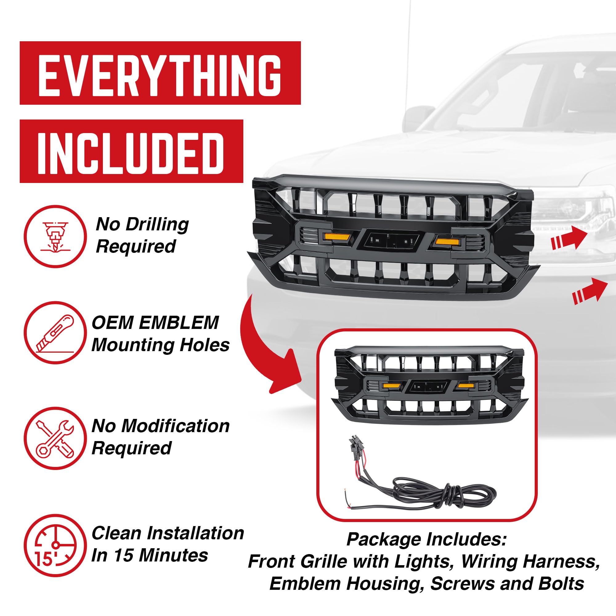 2016-2019 Chevrolet Silverado 1500 AMERICAN MODIFIED Armor Grille with Amber LED Lights & Emblem Base - Glossy Black | Heavy-Duty Front Grille Replacement for Off-Road & Truck Customization