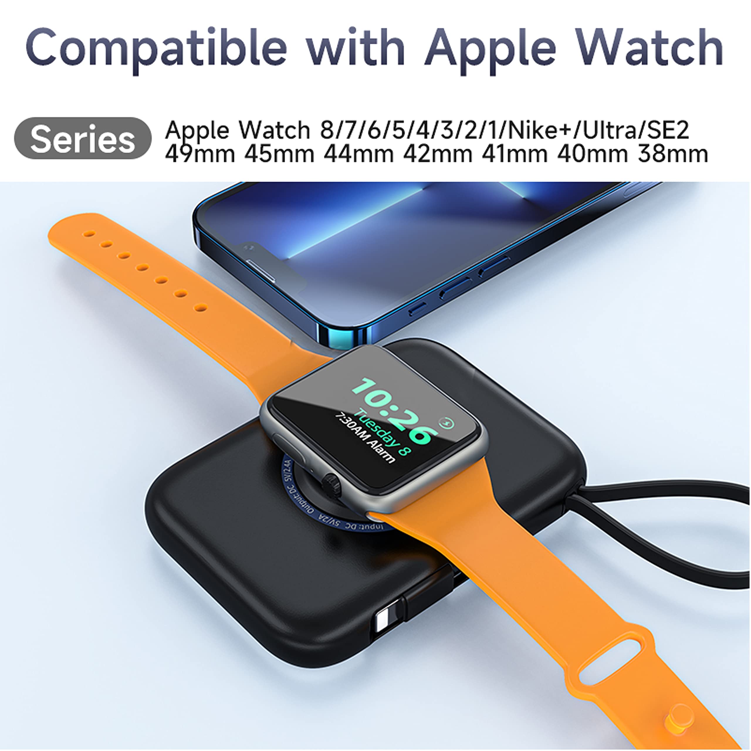 HUOTO 5000mAh Magnetic Portable Charger for Apple Watch - Mini Power Bank with Charging Cable, Compatible with iPhone 11/12/13, AirPods & Smartphones - Perfect for Travel, Workouts & Outdoor Activities