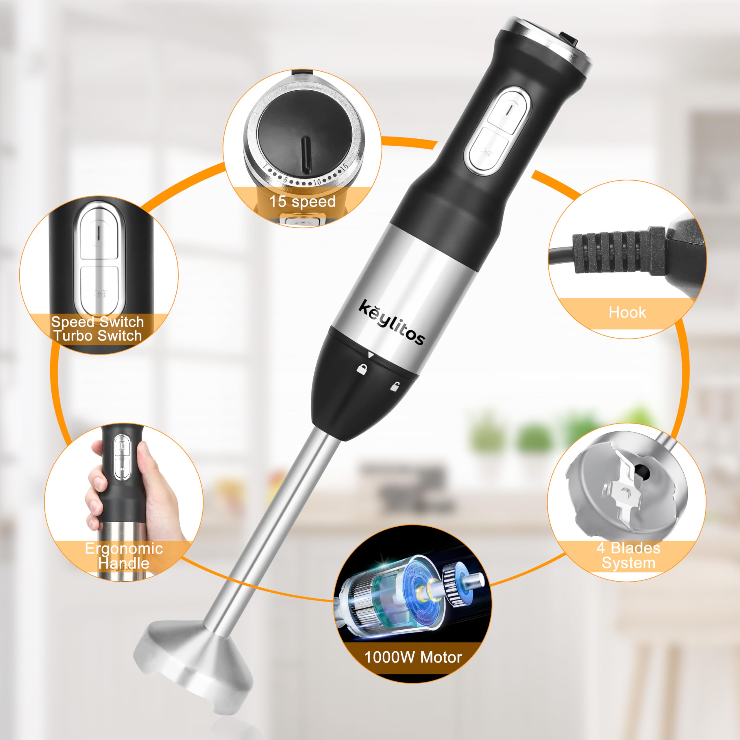 Keylitos 5-in-1 Immersion Hand Blender Mixer Set - 600W Upgraded Stick Blender with 600ML Food Chopper, 800ML Mixing Beaker, Whisk & Milk Frother - Perfect for Smoothies, Baby Food, Sauces, Puree, Soup - Ideal for Kitchen, Home Cooking & Meal Prep (Black)