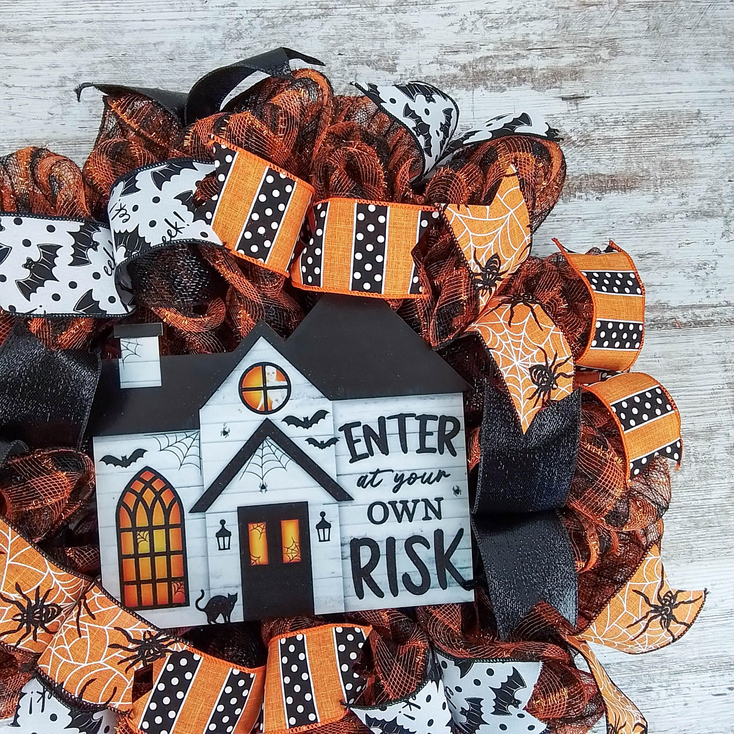 Spooky Halloween Wreath - Haunted House Door Decor with Orange Black White Stripes - Perfect for Front Door, Porch & Party Decorations