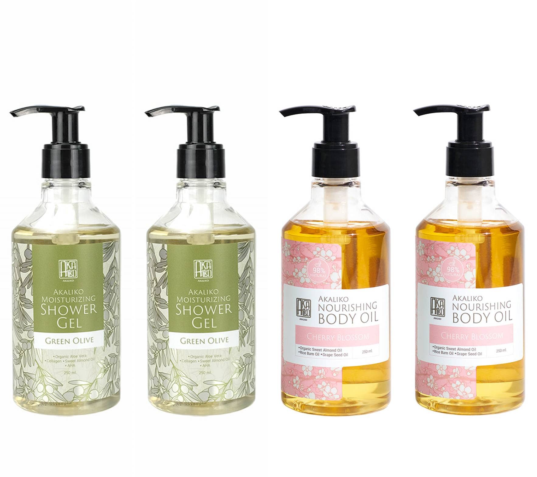 AKALIKO Green Olive Moisturizing Shower Gel & Cherry Blossom Body Oil Set - Hydrating Skincare Duo for Dry Skin, Natural Bath & Shower Essentials - Perfect for Spa Day, Self Care Routine & Gift Giving
