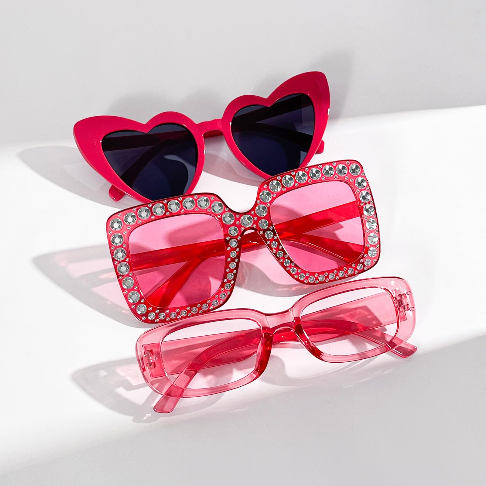 Pibupibu 3-Pack Oversized Sunglasses Set for Women & Men - Heart, Rectangle & Crystal Retro Y2K Style | Trendy Party, Beach, Festival & Everyday Fashion Accessories