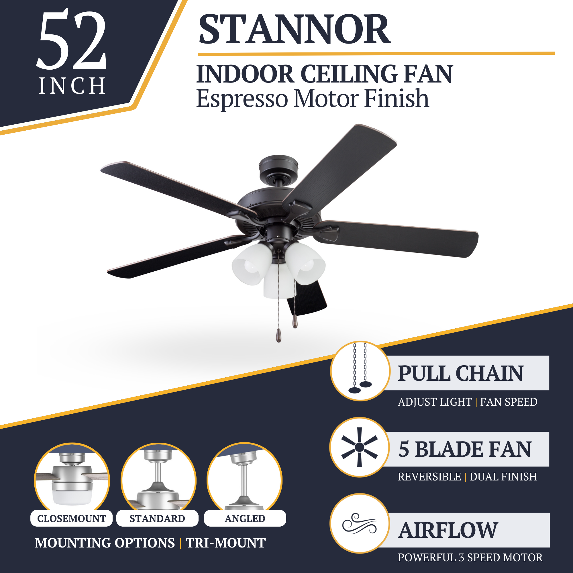 52 Inch Stannor Ceiling Fan with Pull Chain - Espresso Bronze Finish - Energy Efficient & Quiet Operation - Perfect for Living Room, Bedroom, or Outdoor Patio