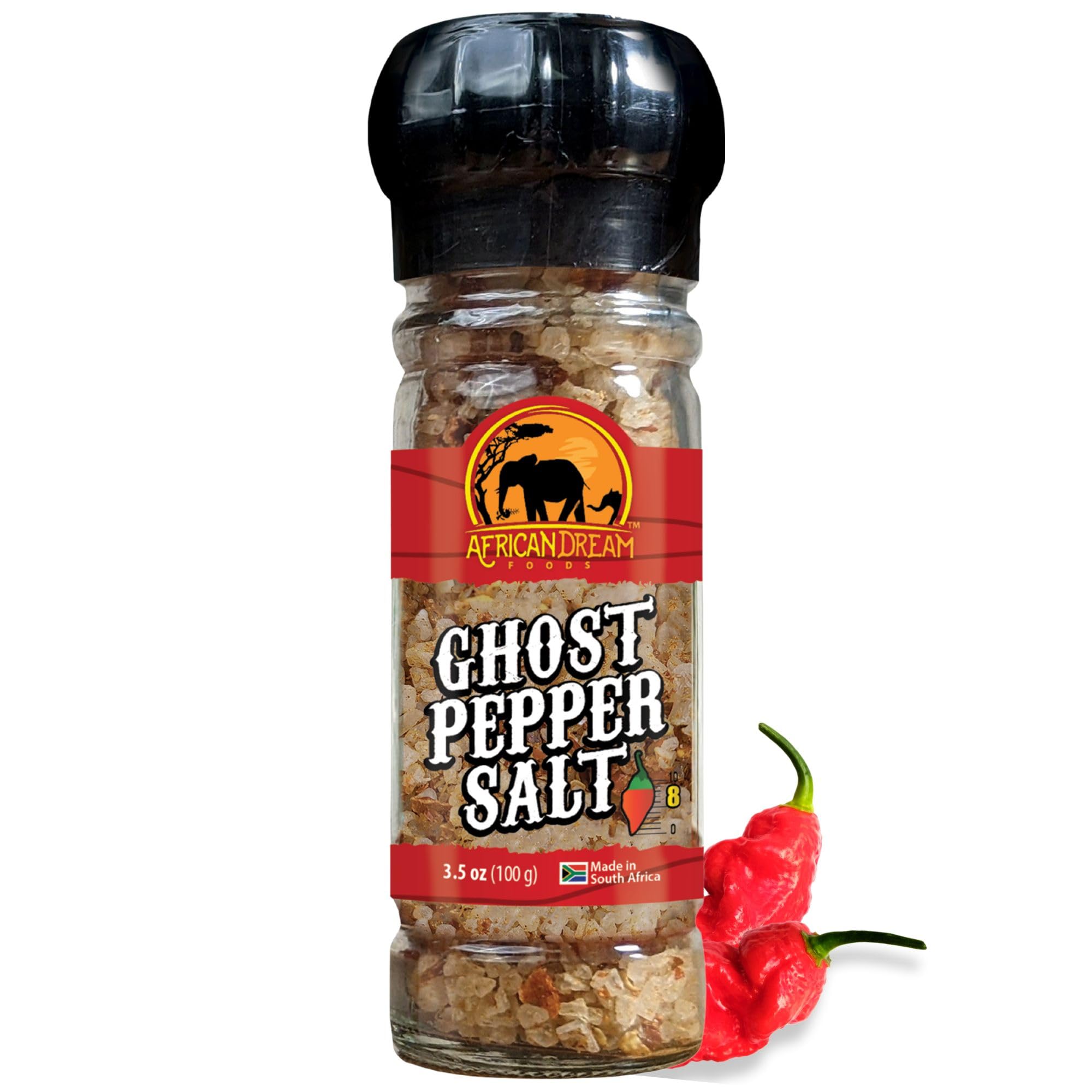 African Dream Foods Ghost Pepper Salt Seasoning - Spicy Chili Salt with Natural Ghost Peppers & Sea Salt | Hot & Flavorful Grinder for Meat, Chicken, Seafood | Perfect for BBQ, Grilling & Home Cooking | 3.5 oz Reusable Bottle