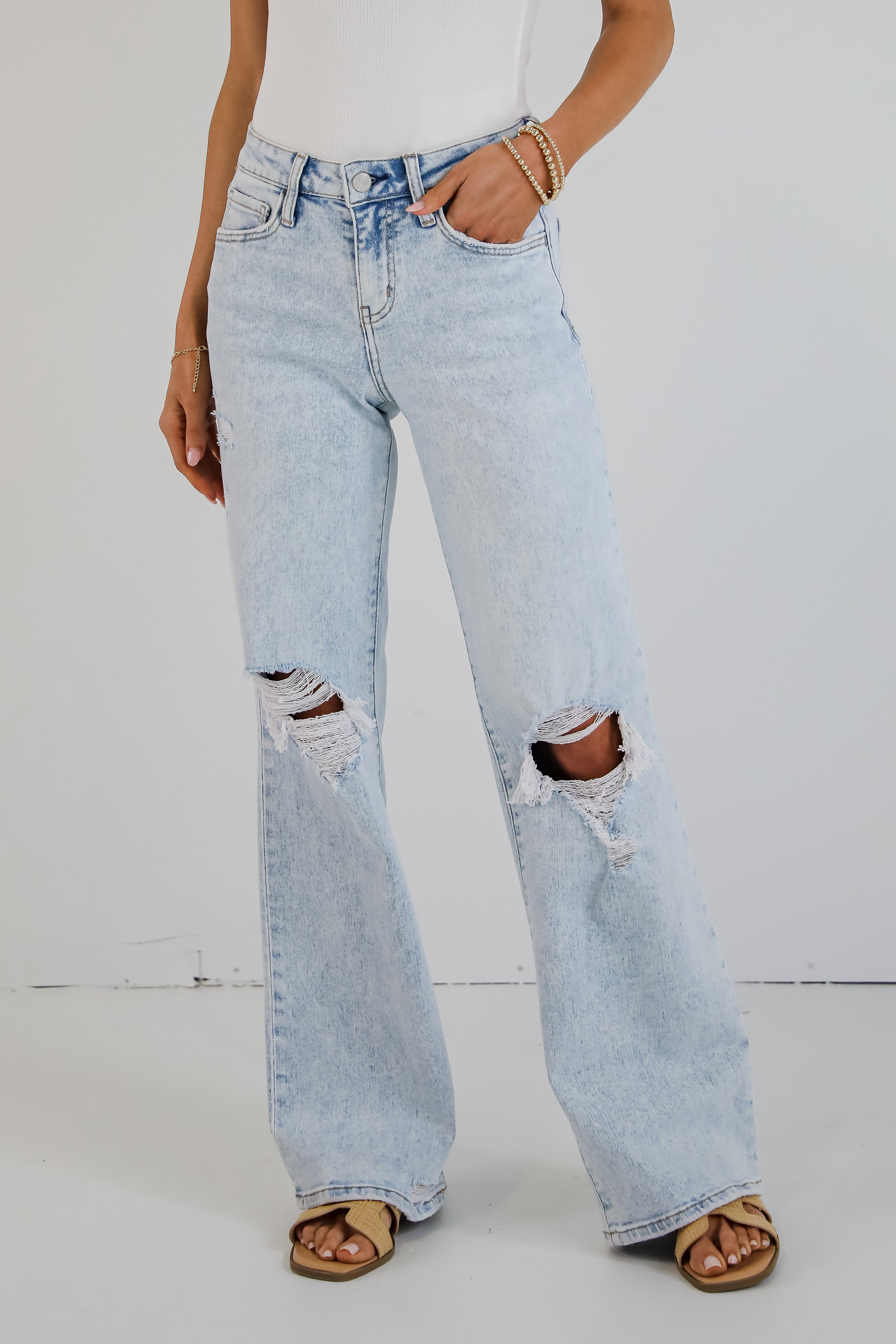 Blake Light Wash High Rise Distressed Wide Leg Jeans for Women - Vintage Denim Pants with Comfort Stretch - Perfect for Casual Outfits, Street Style & Everyday Wear