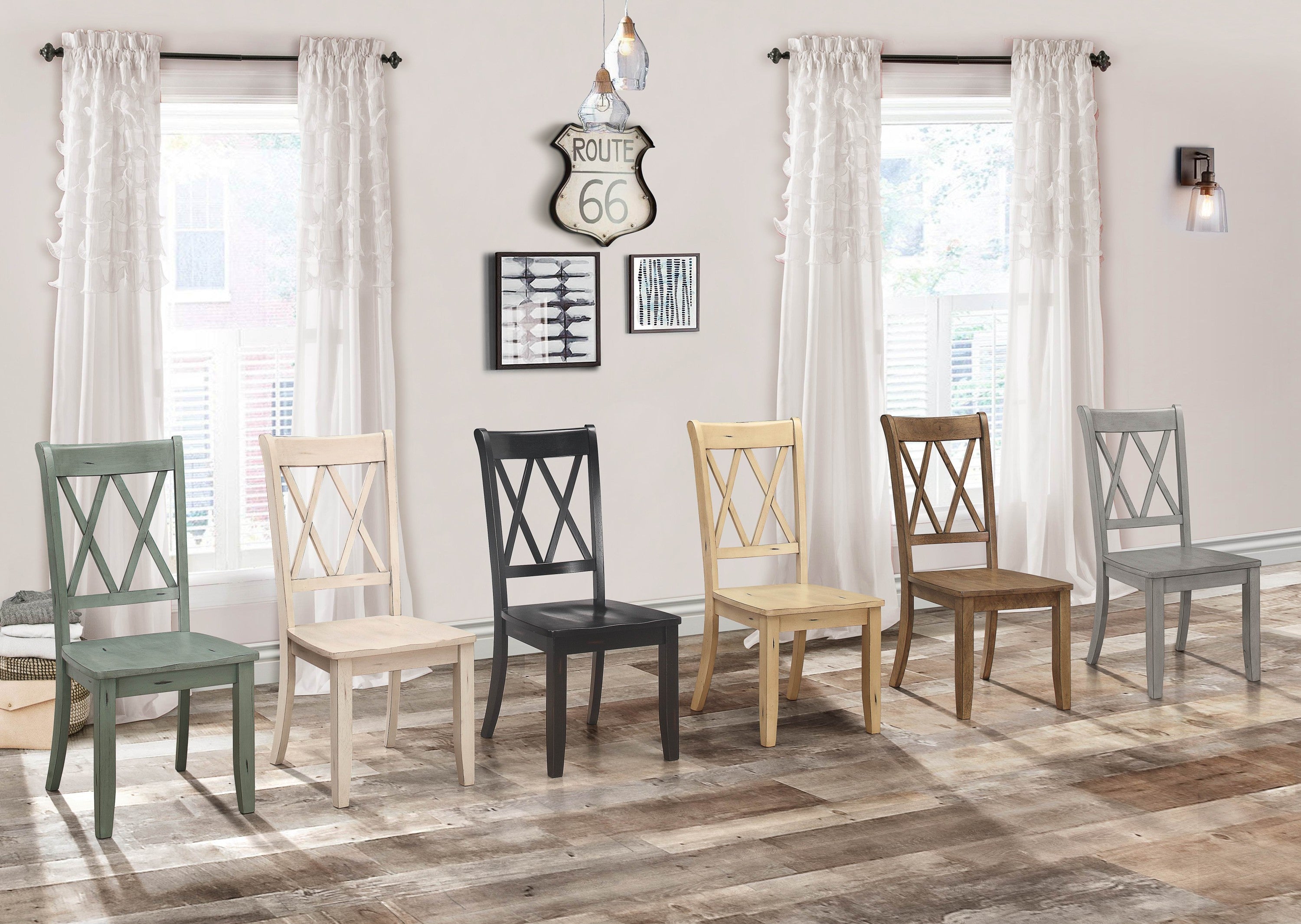 Set of 2 Casual Brown Pine Veneer Side Chairs with Double X Back Design - Transitional Dining Room Furniture for Kitchen, Breakfast Nook & Small Spaces