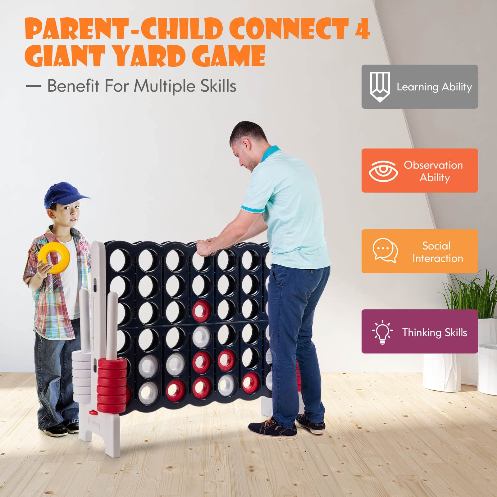 HONEY JOY Jumbo 4-to-Score Giant Connect 4 Game Set - 42 Oversized Rings & Quick-Release Slider - 3.5FT Tall Outdoor Yard Game for Kids, Adults & Family Fun - Perfect for Backyard Parties, Picnics & Beach Games