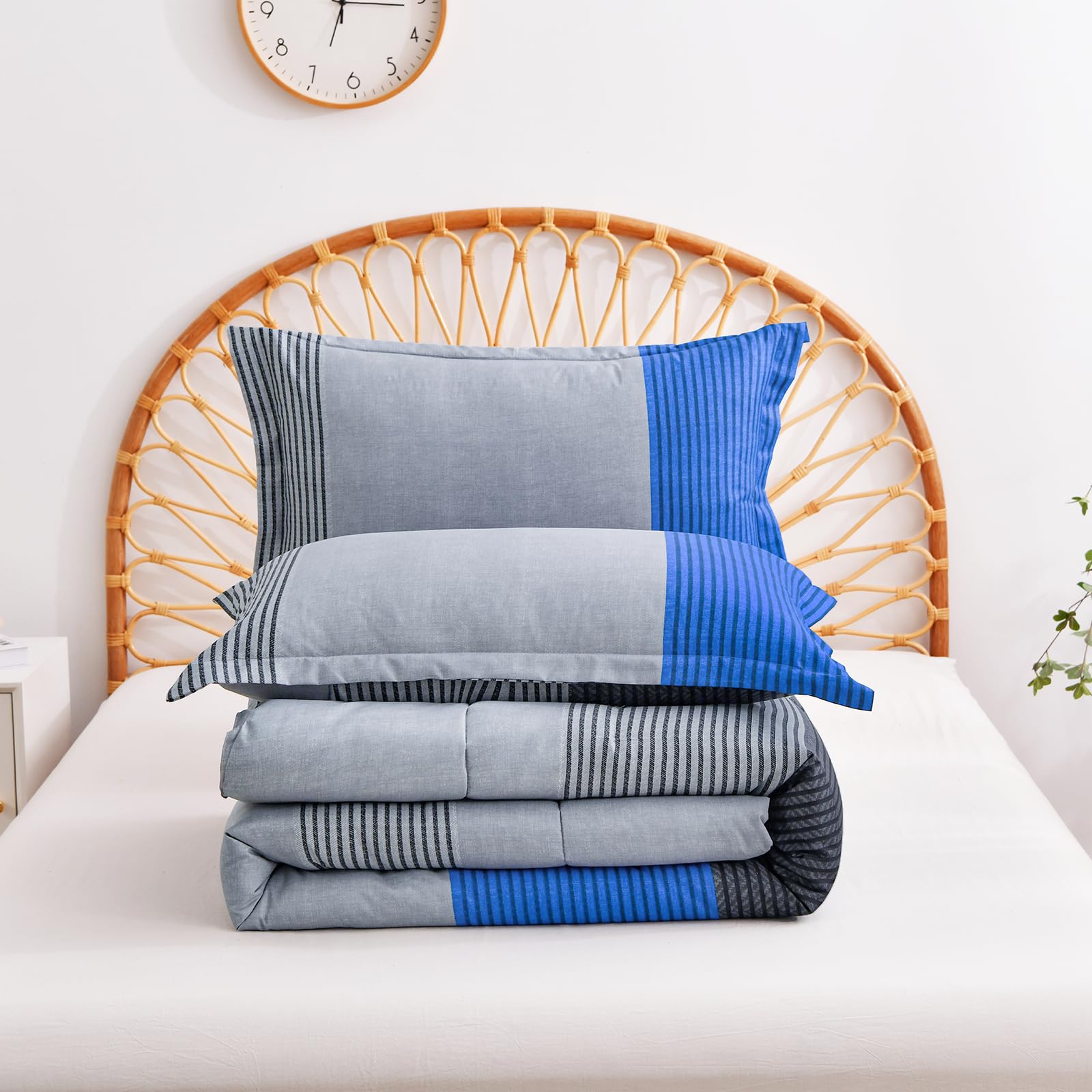 WONGS BEDDING King Size Blue & Grey Reversible Down Alternative Comforter Set - 3 Piece Microfiber Bedding (104
