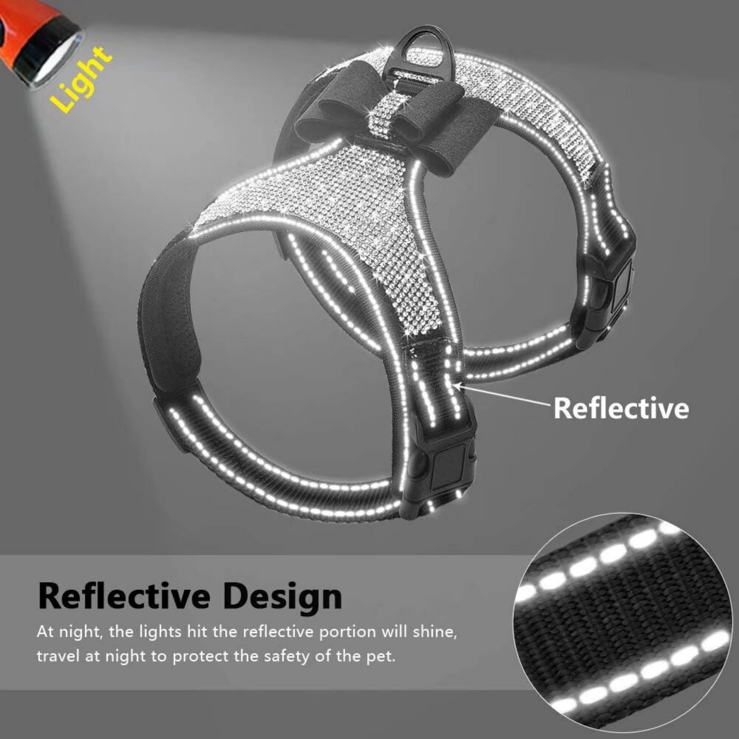 Beirui Soft Fleece Padded Dog Harness for Small & Medium Dogs - Sparkly Rhinestone Vest with Bow Tie - Reflective Safety Puppy Harness for Walking, Parties & Outdoor Adventures (Black, Large) - Perfect for Daily Walks, Pet Events & Special Occasions