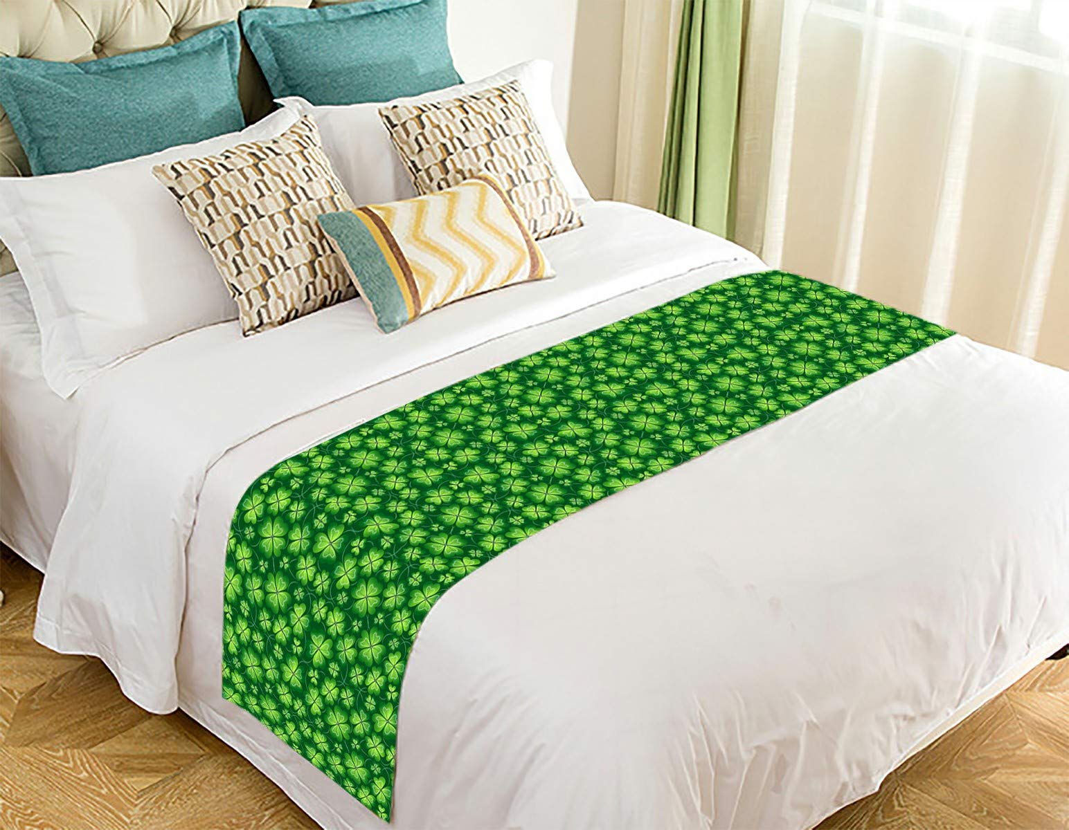 Dark Green Clover St. Patrick's Day Bed Runner Scarf - 20x95 Inch Shamrock Decor for Irish-Themed Bedroom, Wedding, Party & Holiday Home Decoration