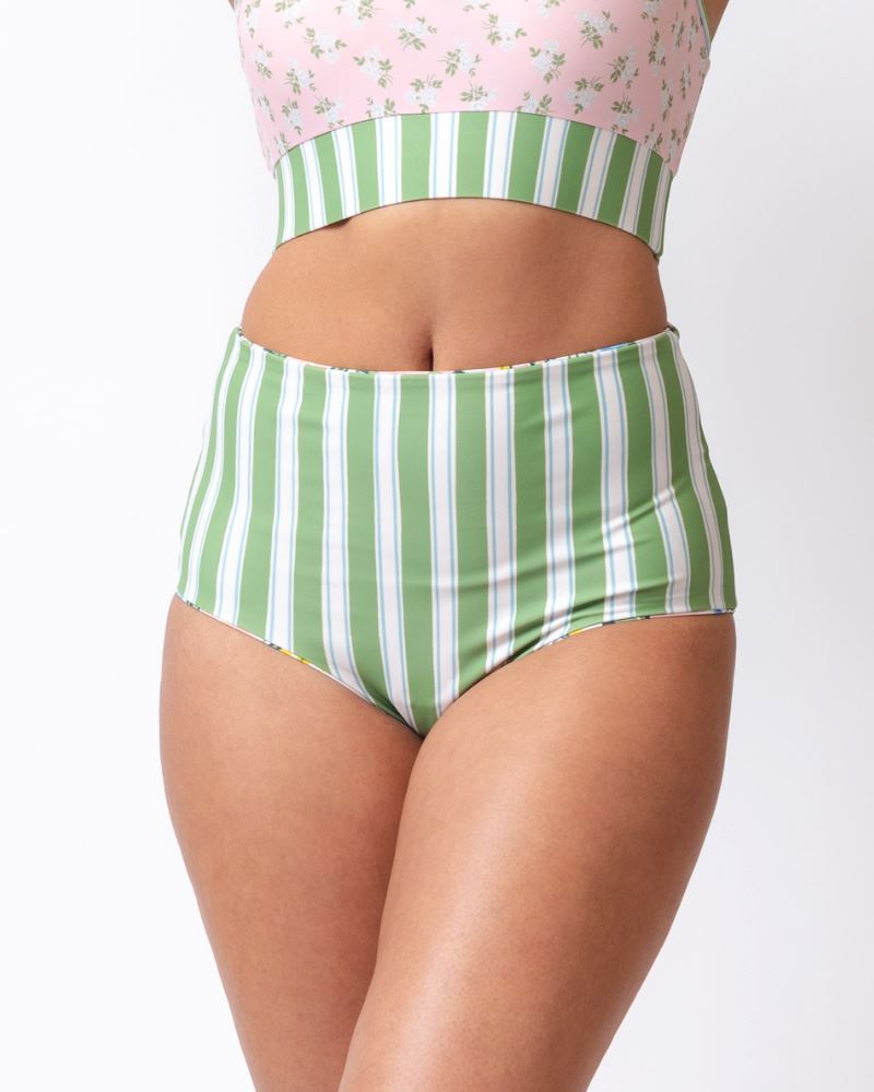 Somerset Floral & Basil Stripe Reversible Ultra High Waist Bottoms - Women's Comfortable Stretchy Yoga Pants for Lounge, Workout & Everyday Wear