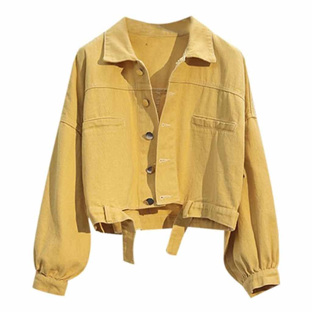 HTKLCZ Oversized Yellow Denim Jacket for Women - Long Sleeve Loose Fit Denim Coat (Size XL) | Casual Streetwear, Spring/Fall Layering, Boho Chic Outfits