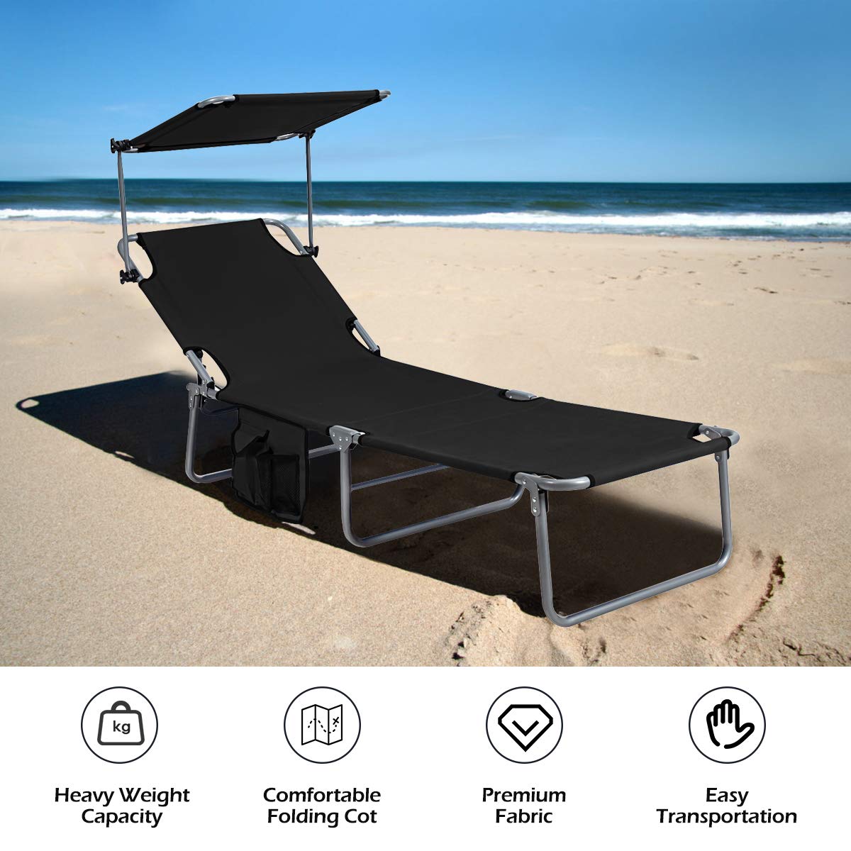 Giantex Adjustable Tanning Chair with Canopy & Storage - 5-Position Patio Chaise Lounge, Foldable Beach Chair for Poolside, Lawn, Camping - Outdoor Sunbathing Recliner (Black) - Perfect for Backyard Relaxation, Beach Vacations & Outdoor Lounging