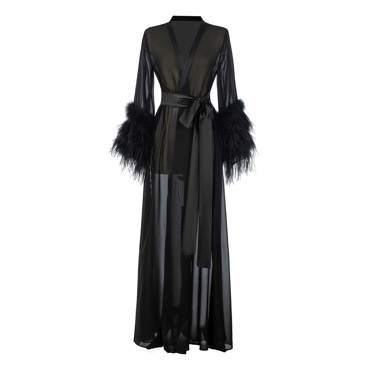 Women's Feather Trim Sheer Chiffon Lingerie Robe - Bridal Nightgown, Bathrobe & Sleepwear for Wedding, Honeymoon, Boudoir Photography and Romantic Occasions