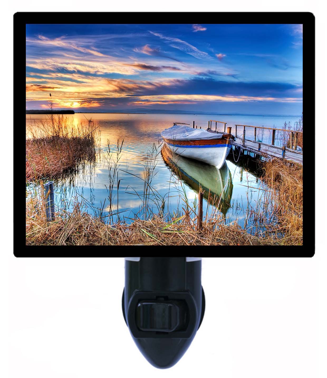 LED Night Light for Bedroom - Soothing Boat, Dock & Lake Landscape Design - Perfect for Kids, Nursery, Hallway & Bathroom Nightlight