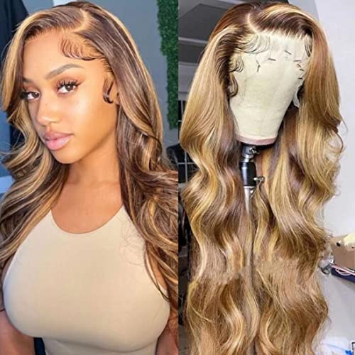 UNICE 13x4 Lace Front Human Hair Wig - 180% Density Brazilian Remy Body Wave in Brown Blonde Ombre (#TL412) | Pre-Plucked with Baby Hair | 24 Inch Length for Women | Perfect for Daily Wear, Parties & Special Occasions