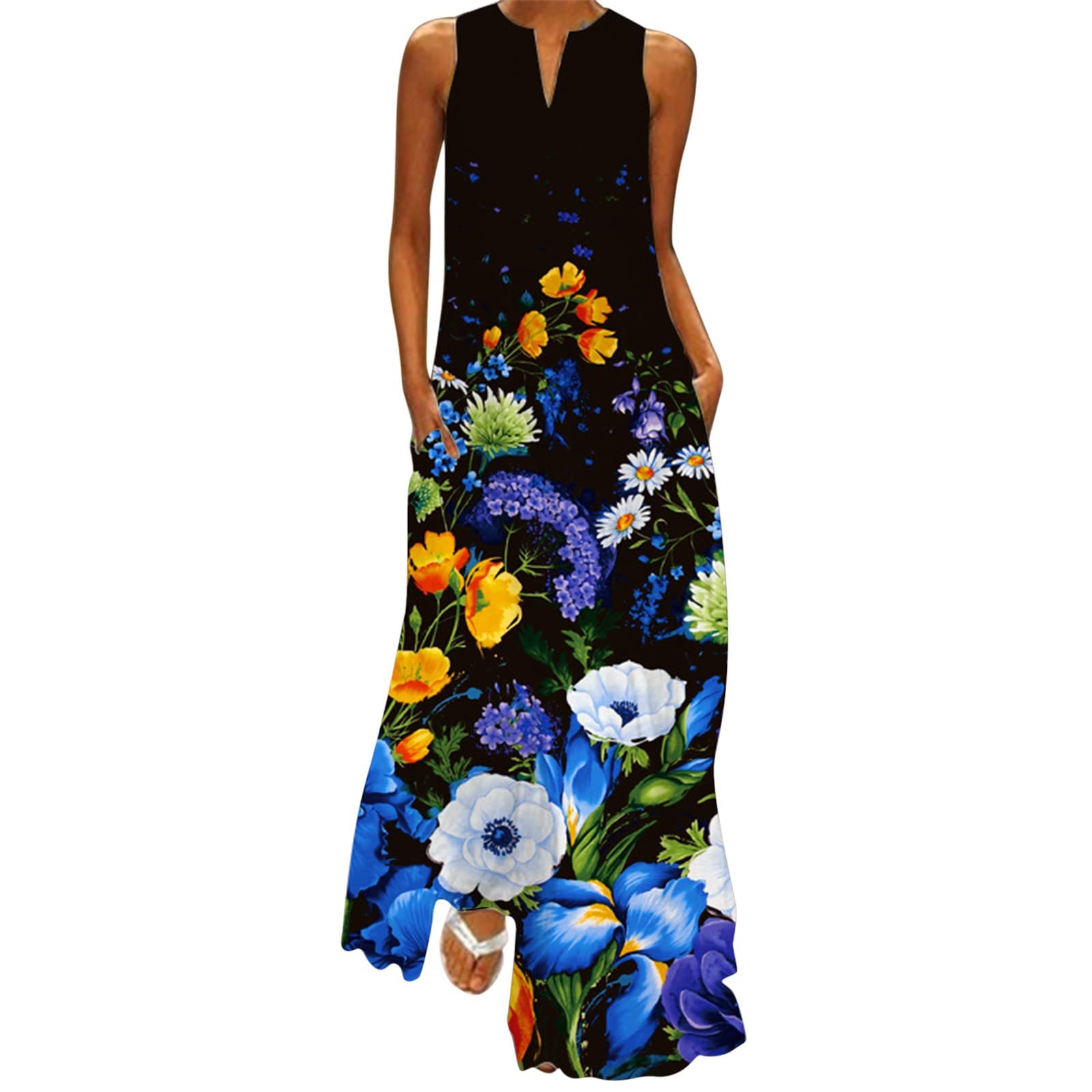 Women's Plus Size Sleeveless Floral Maxi Dress with Notched Neckline - Elegant Swing Dress for Summer Beach Vacations, Garden Parties & Date Nights