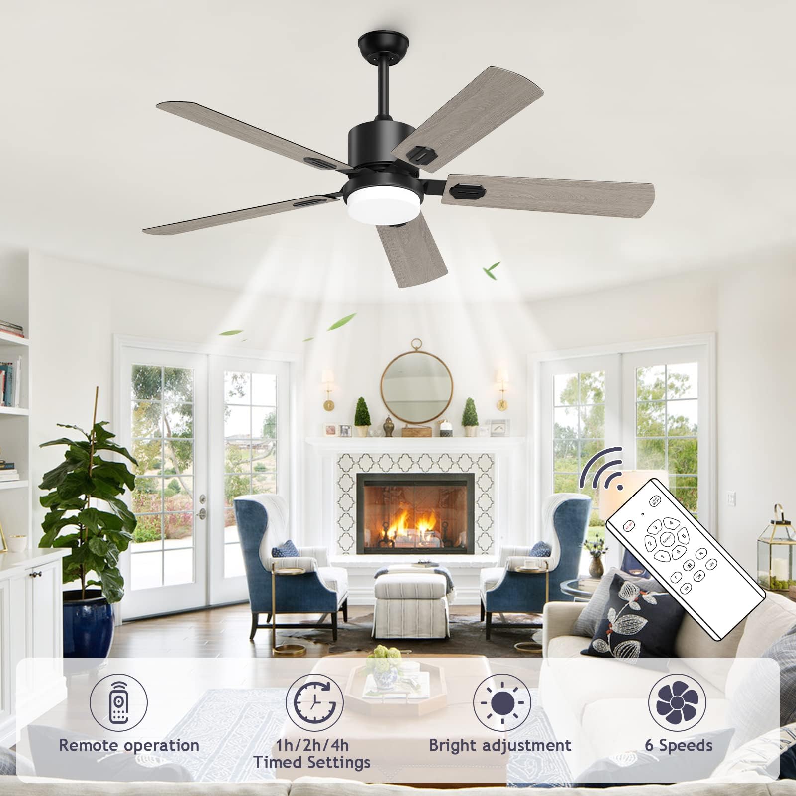 52 Inch Outdoor Ceiling Fan with Lights and Remote - Dimmable LED Farmhouse Ceiling Fan for Patio, Bedroom, Living Room & Covered Porches - Weather Resistant & Energy Efficient Cooling Solution