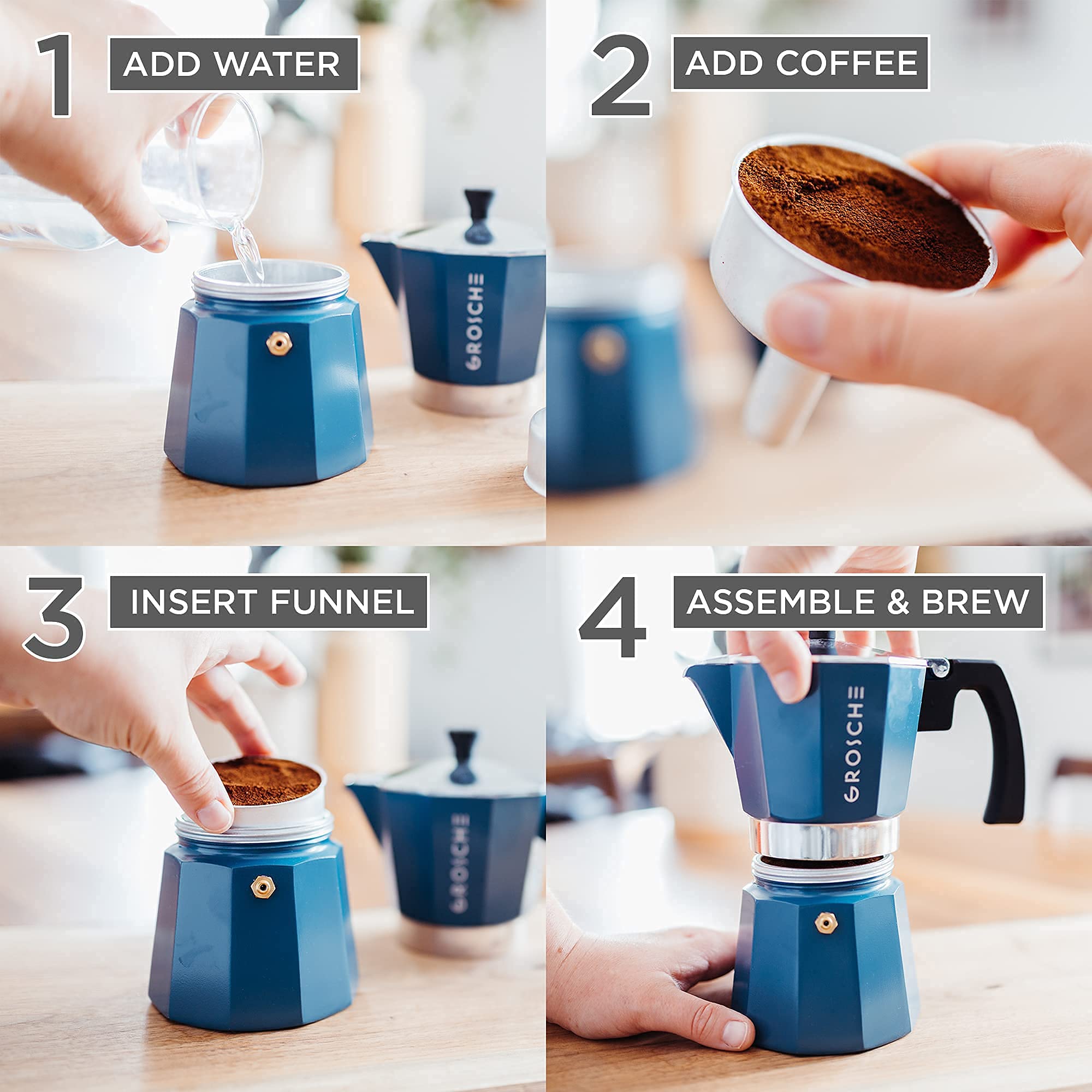 GROSCHE Milano Stovetop Espresso Maker (6 Cup, 9.3 oz) & Battery Operated Milk Frother Bundle - Perfect for Homemade Lattes, Cappuccinos and Coffee Drinks - Blue Italian Moka Pot Set for Coffee Lovers