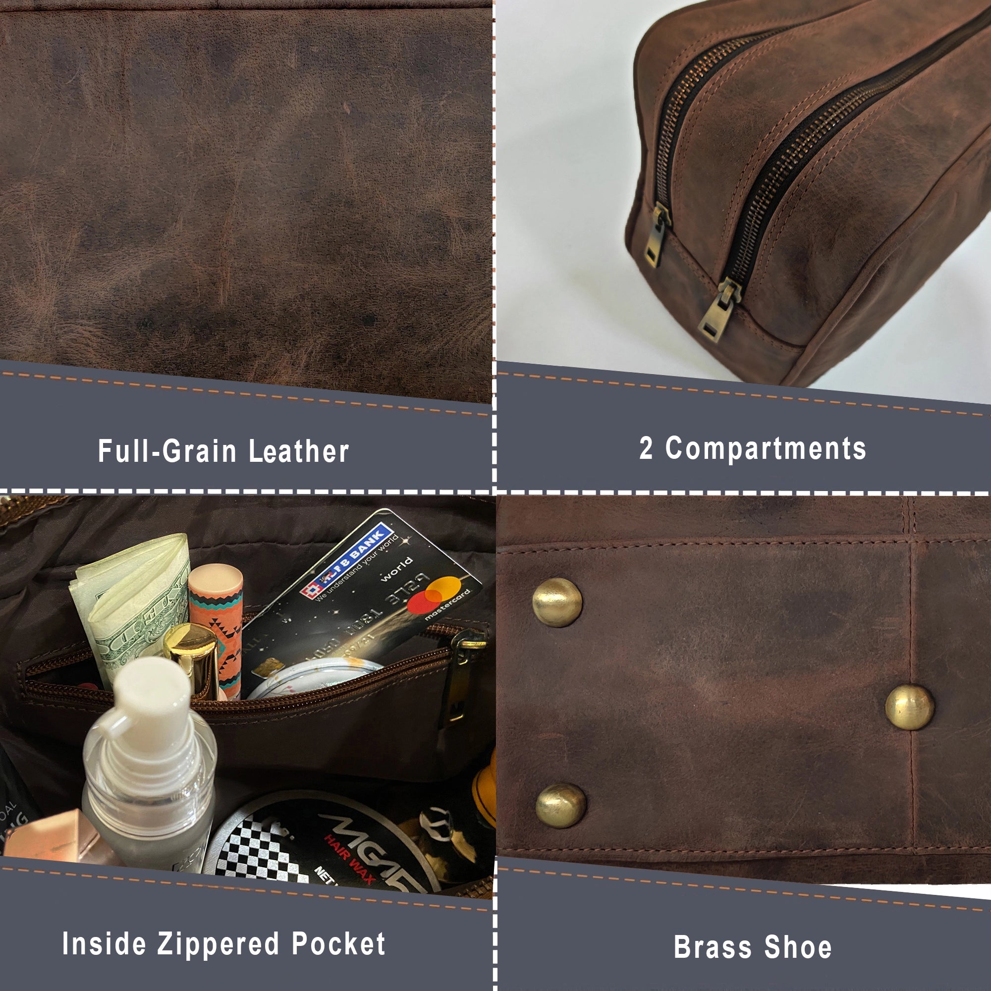 Johnny Men's Genuine Leather Travel Dopp Kit Toiletry Bag - Dark Brown for Business Trip, Gym & Weekend Getaway