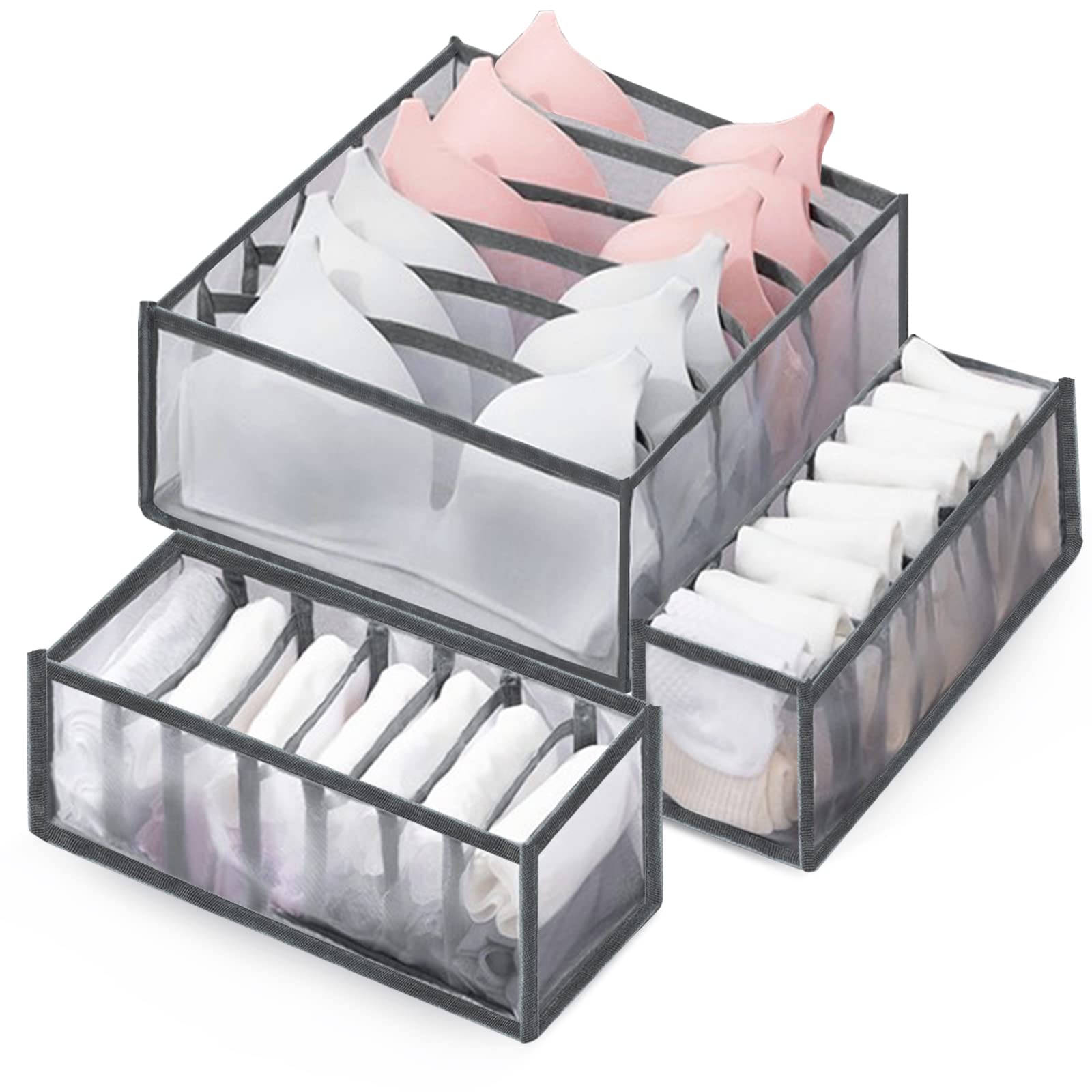 3 Pack Washable Underwear & Sock Organizer Box - Foldable Drawer Divider for Bras, Panties, Leggings & Ties (6/7/11 Grids) | Closet Storage Solution for Neat Wardrobe Organization
