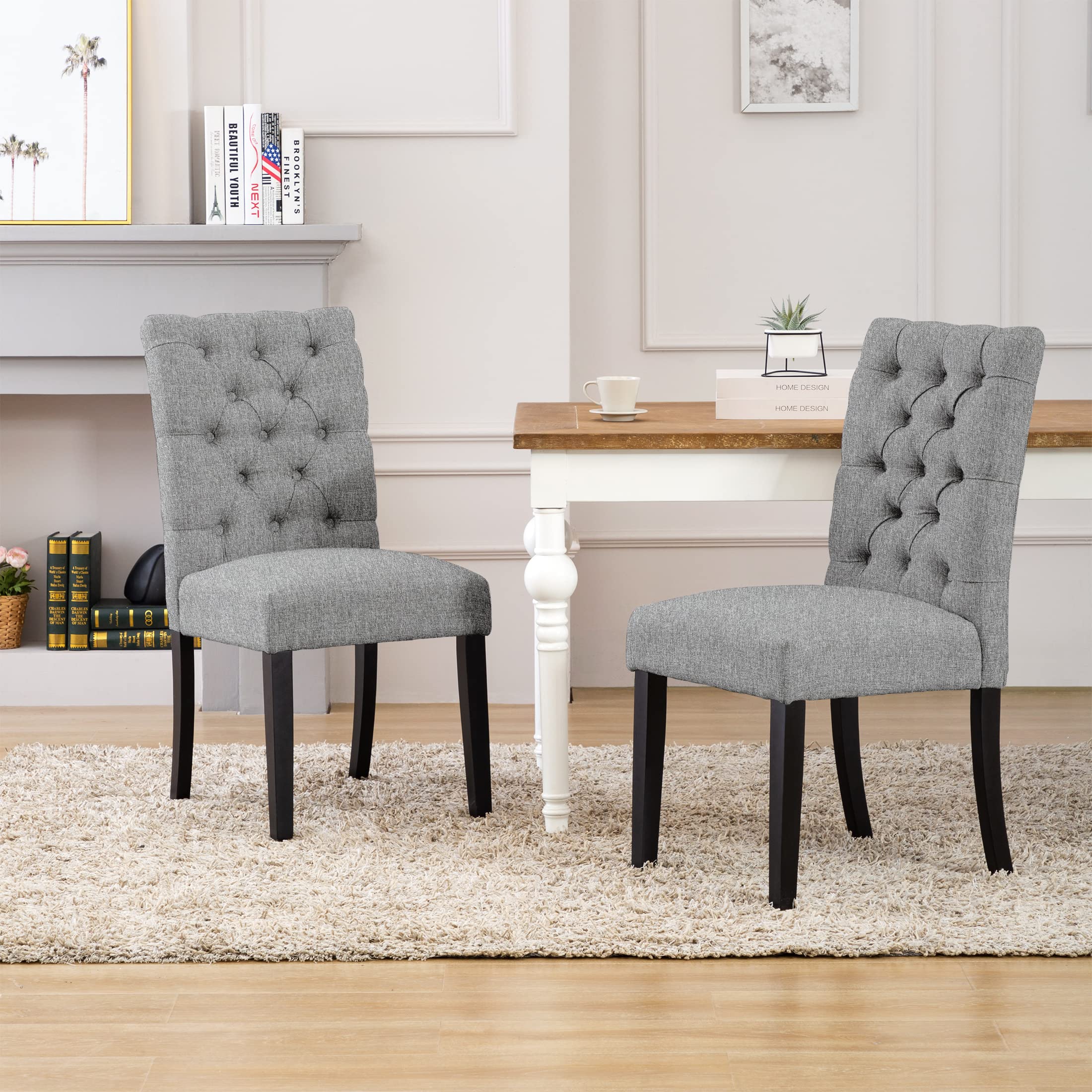 WestinTrends Hayes Tufted Dining Chairs - Linen Upholstered Kitchen & Dining Table Chairs with Solid Wood Legs in Gray | Perfect for Modern Farmhouse, Restaurant Style & Home Decor
