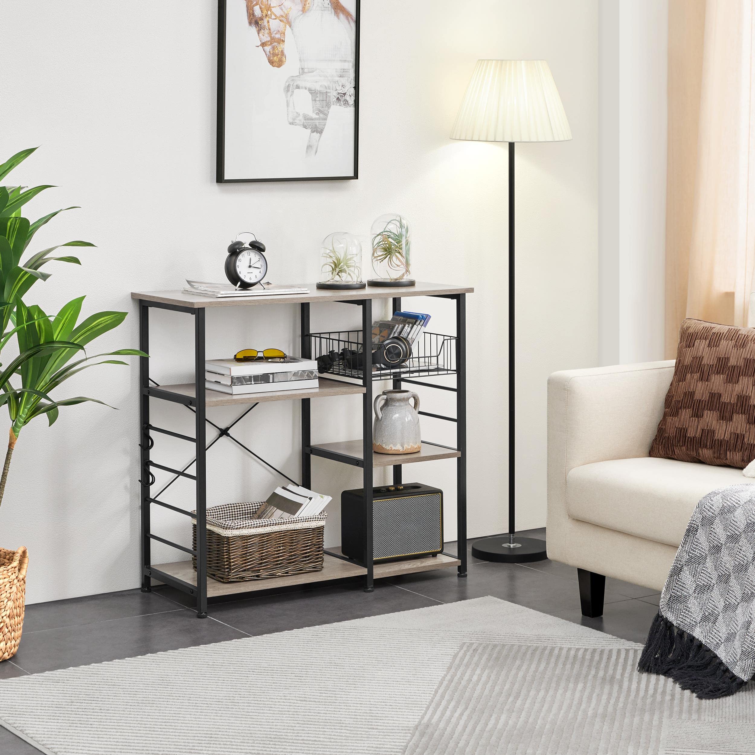 Yaheetech 4-Tier Industrial Kitchen Storage Shelf - Heavy Duty Metal Utility Rack with 6 S-Hooks for Microwave, Coffee Bar, Baker Station & Kitchen Island Organization, Gray - Perfect for Small Spaces & Home Organization