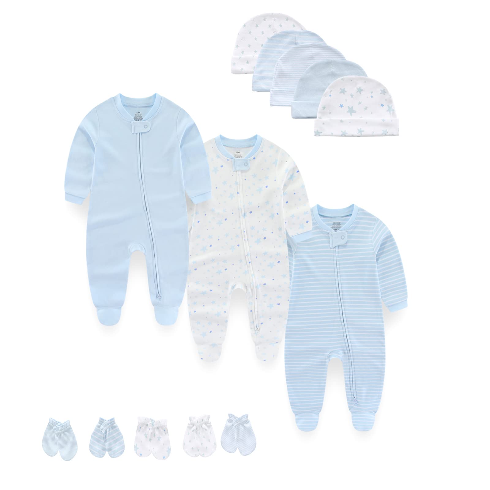 MAMIMAKA Baby Boy & Girl Clothes Set - 2-Way Zip Footed Romper with Long Sleeves, 100% Cotton + Newborn Hat & Scratch Mittens (0-6 Months) - Perfect for Newborn Outfits, Baby Shower Gifts & Daily Wear