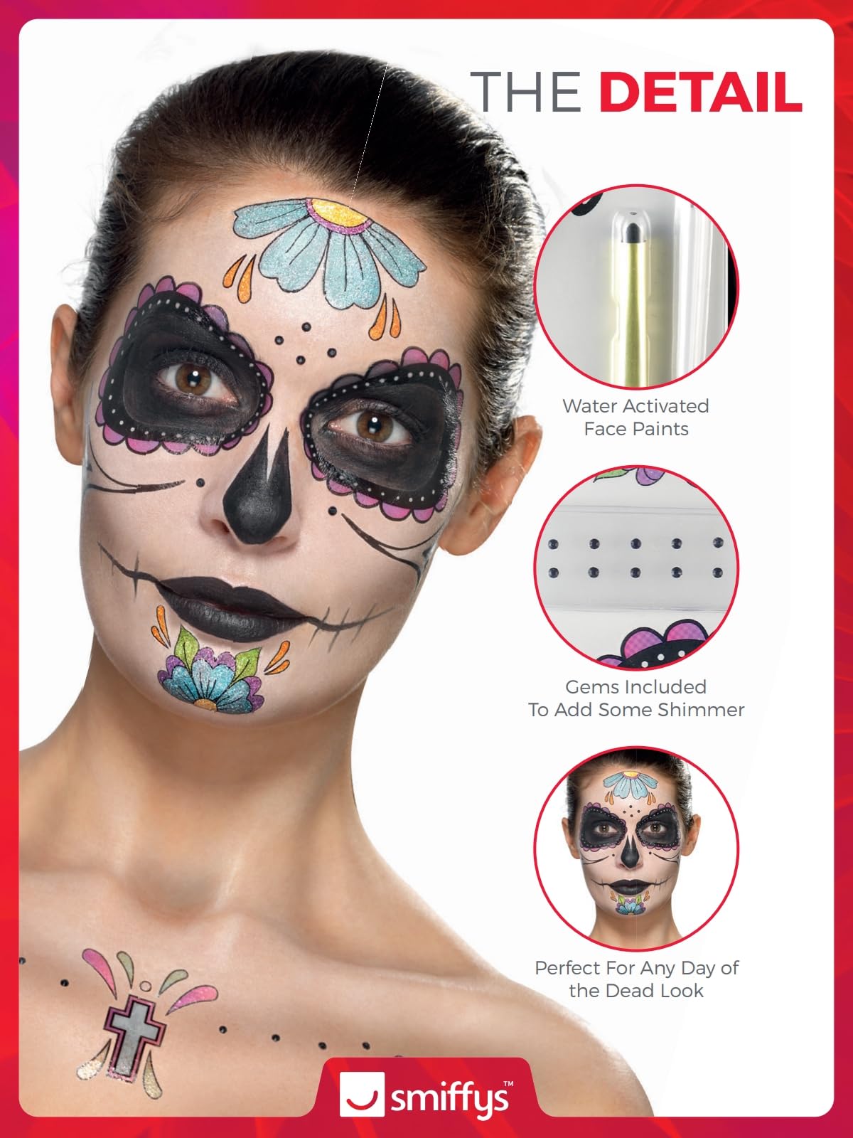 Smiffys Day of the Dead Makeup Kit - Sugar Skull Face Paint & Costume Accessories for Halloween, Dia de los Muertos, and Themed Parties