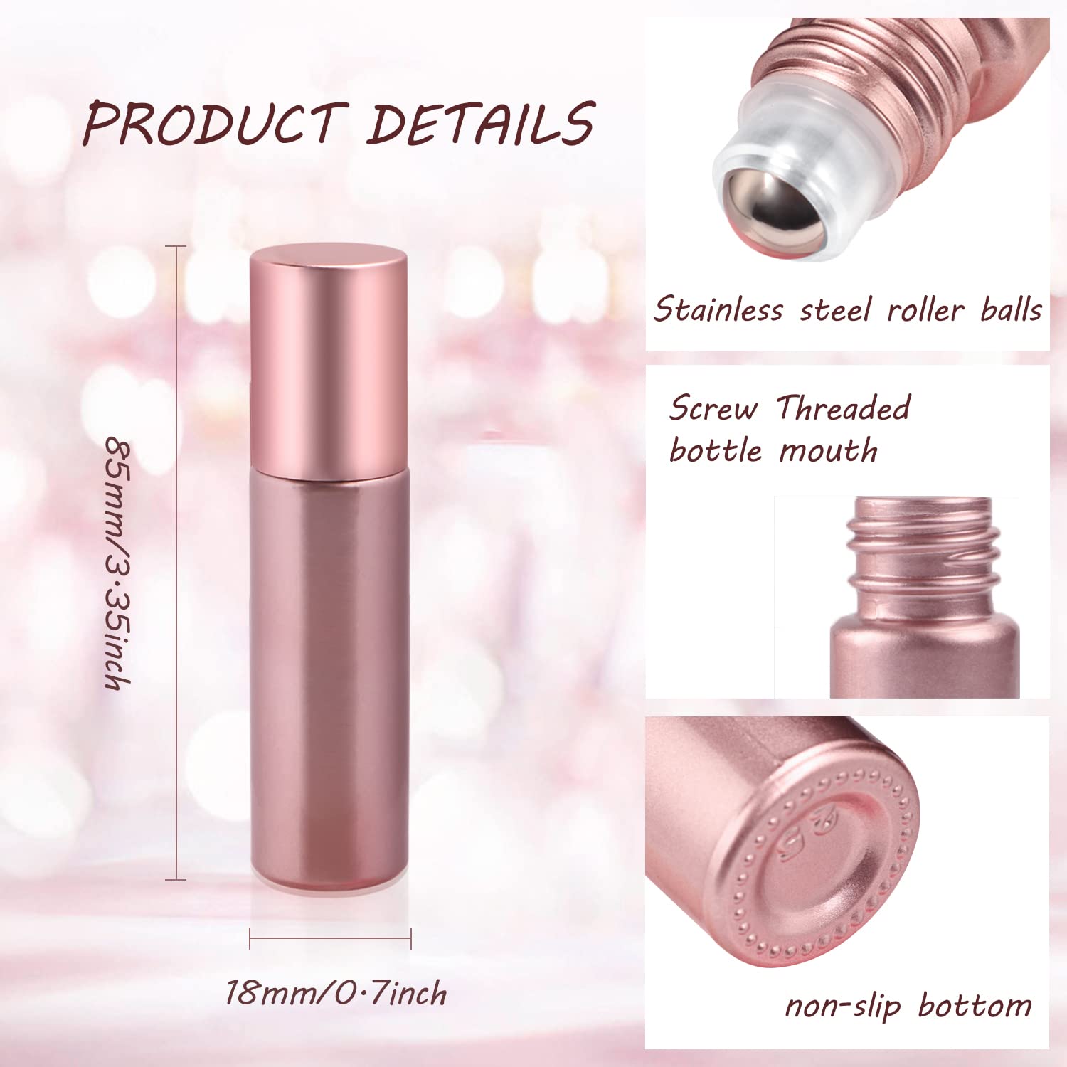 10 Pack 10ml Pink Glass Essential Oil Roller Bottles - Refillable Roll On Bottles with Stainless Steel Roller Ball - Perfect for Aromatherapy, Travel Perfume & DIY Essential Oil Blends