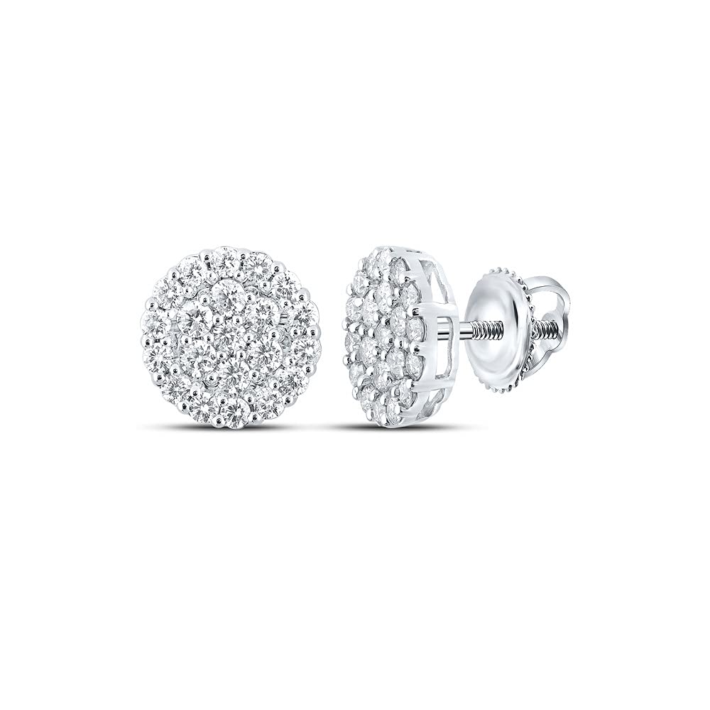 10K White Gold Men's Round Diamond Cluster Earrings - 2 Carat Total Weight (2 CTTW) - Perfect for Weddings, Anniversaries & Special Occasions